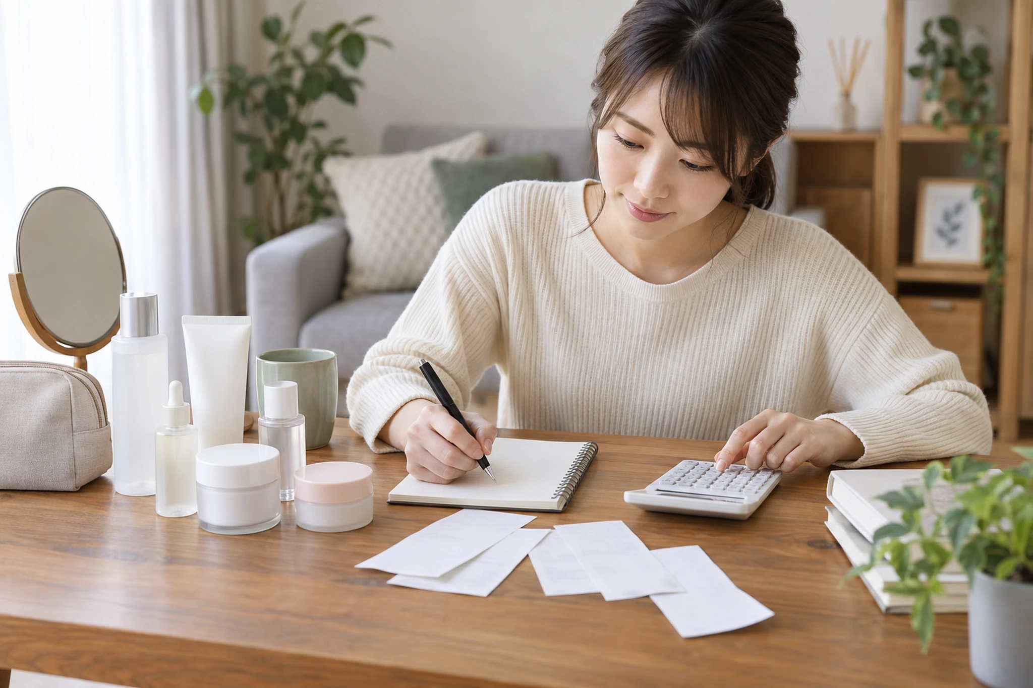 スキンケアと美容費を月額・年額に分けて計算する女性