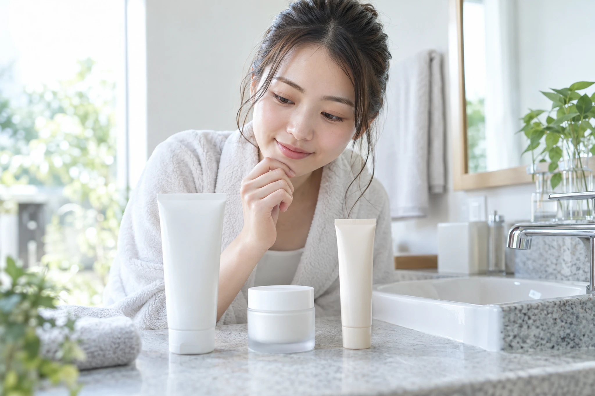 洗顔保湿日焼け止めを確認する女性