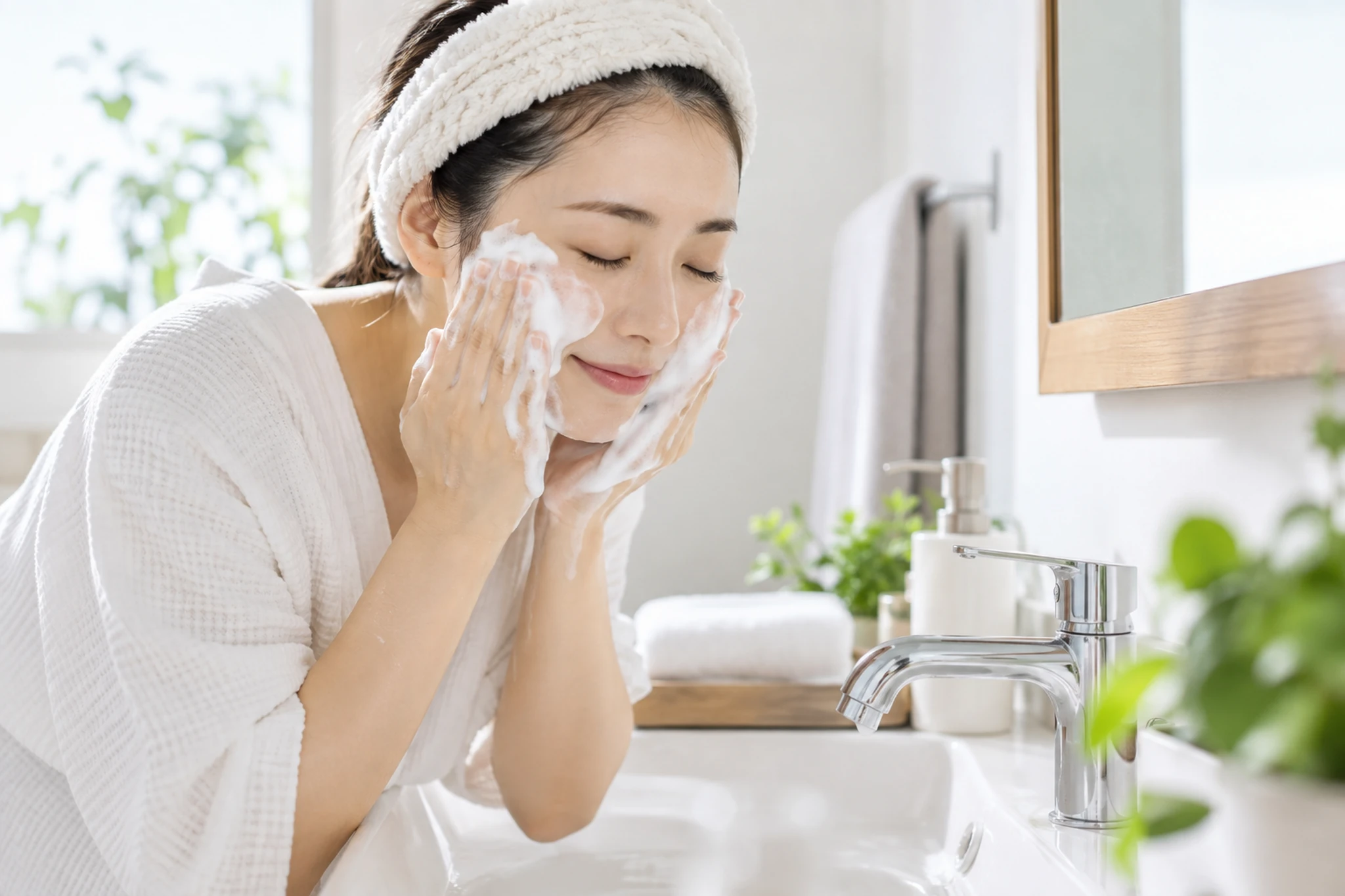 洗顔料と保湿剤と日焼け止めを並べる女性