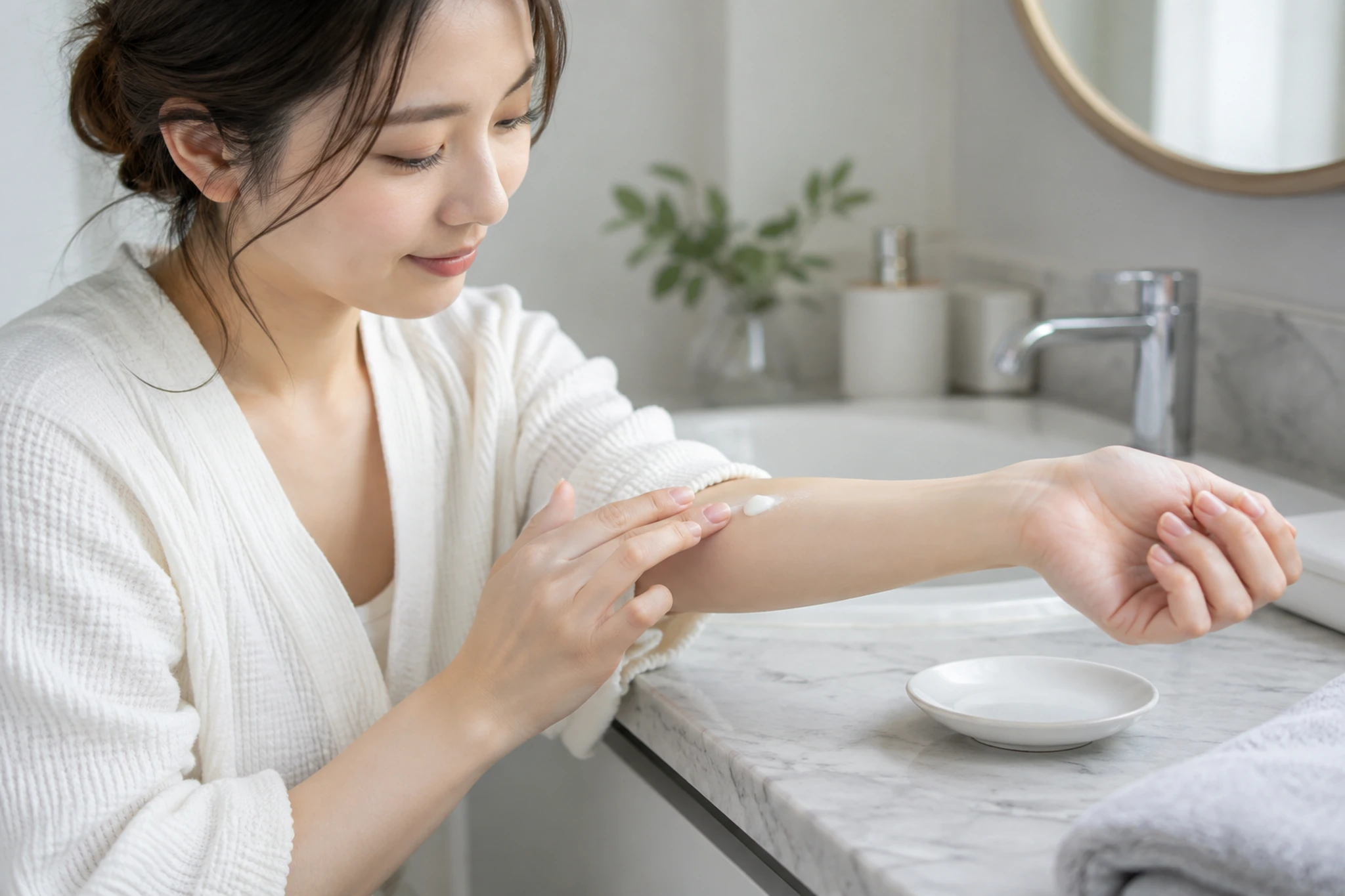 外出前に日焼け止めを顔と首へ塗る女性