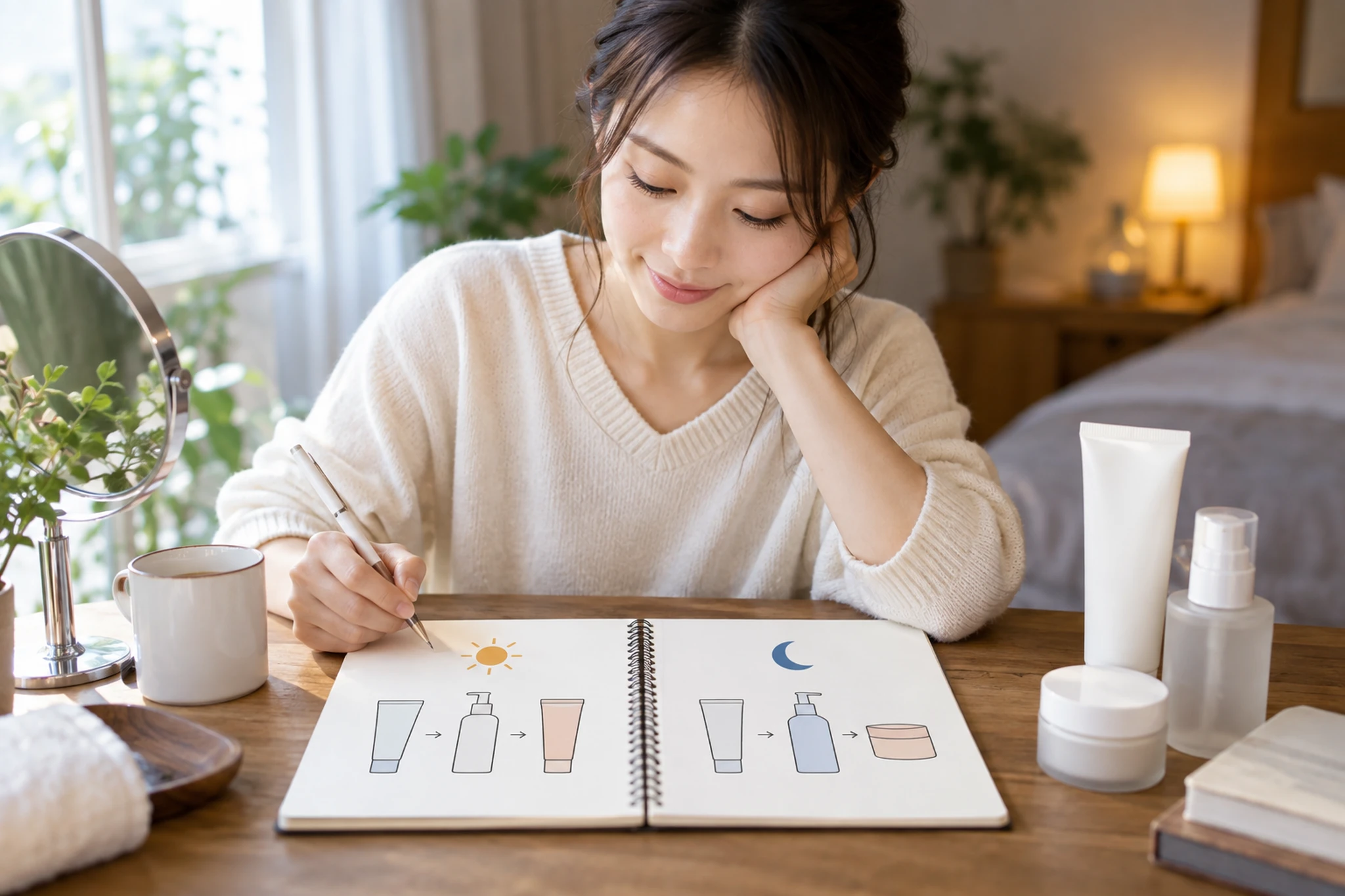朝と夜のスキンケアをノートに整理する女性