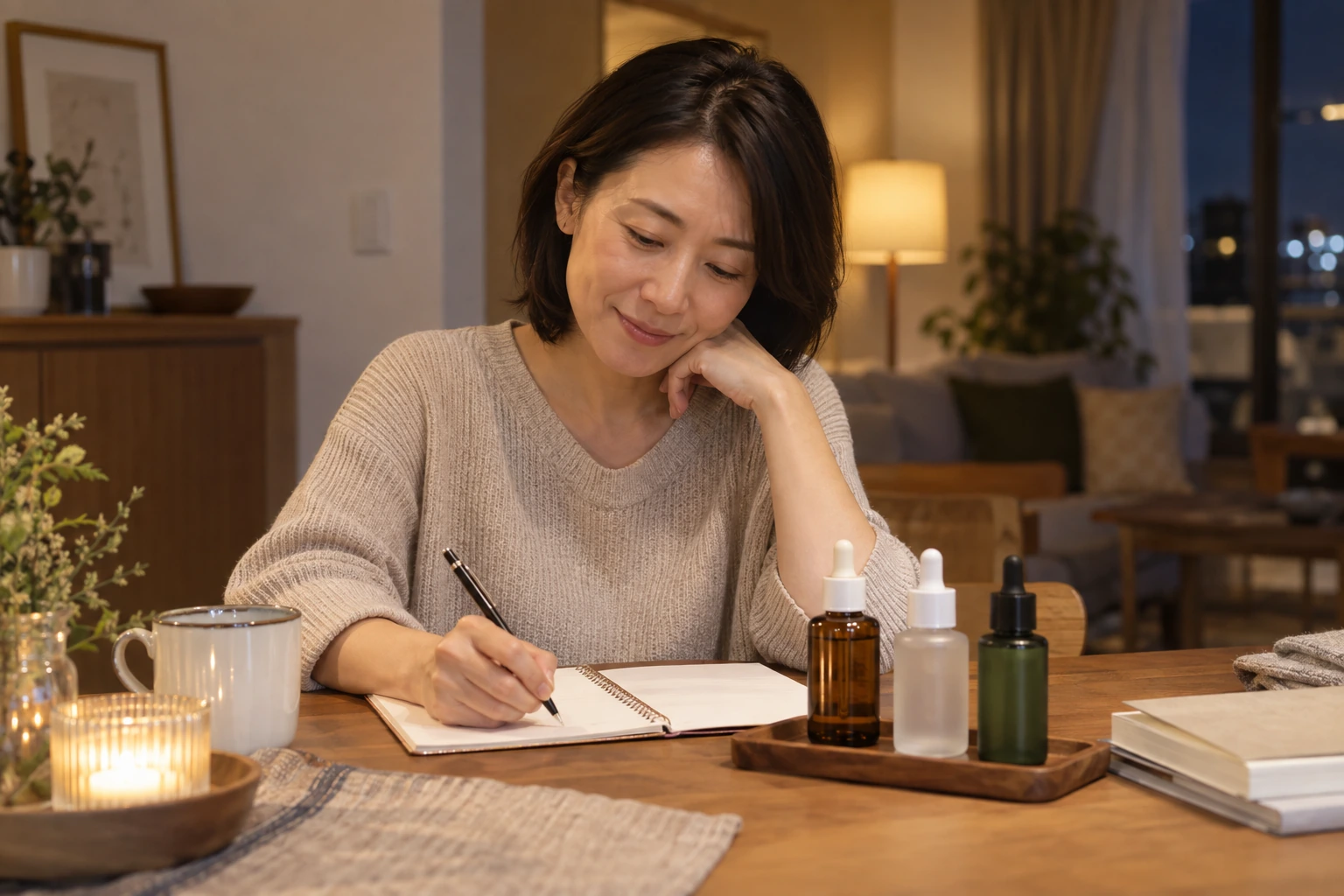 一人暮らしの女性が美容液を選ぶ目的をノートに書いている場面