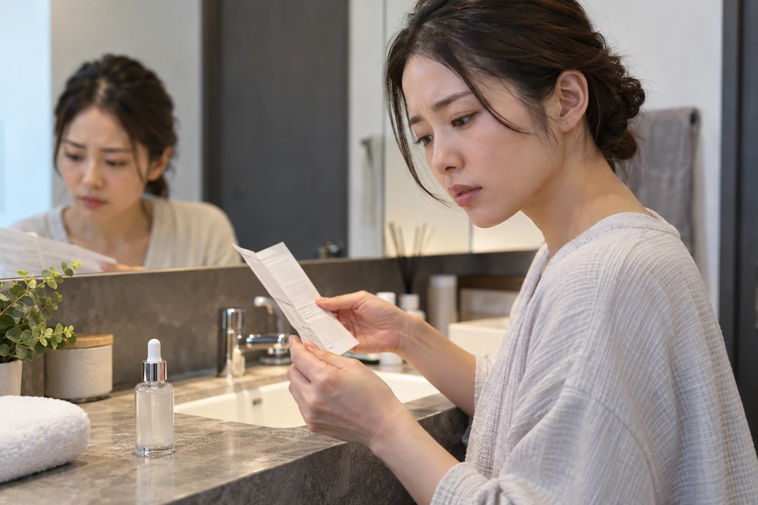 夜の洗面台で美容液の使用手順を確認する女性
