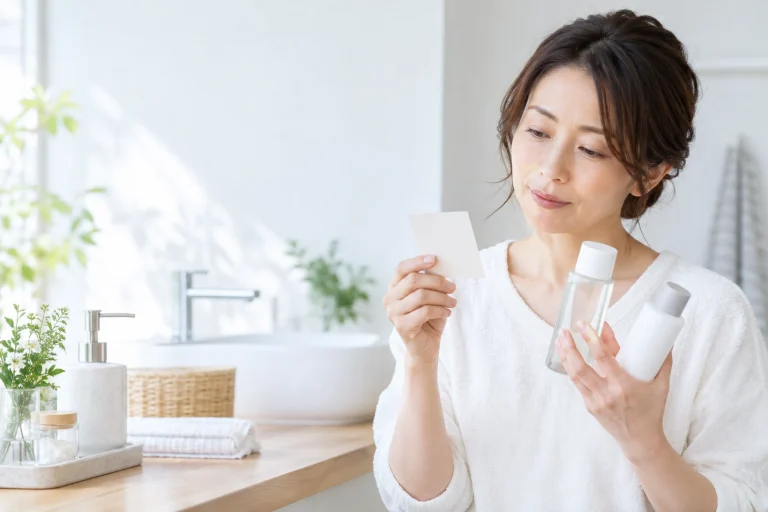 ナイアシンアミド配合化粧品の表示を確認する女性 アイキャッチ