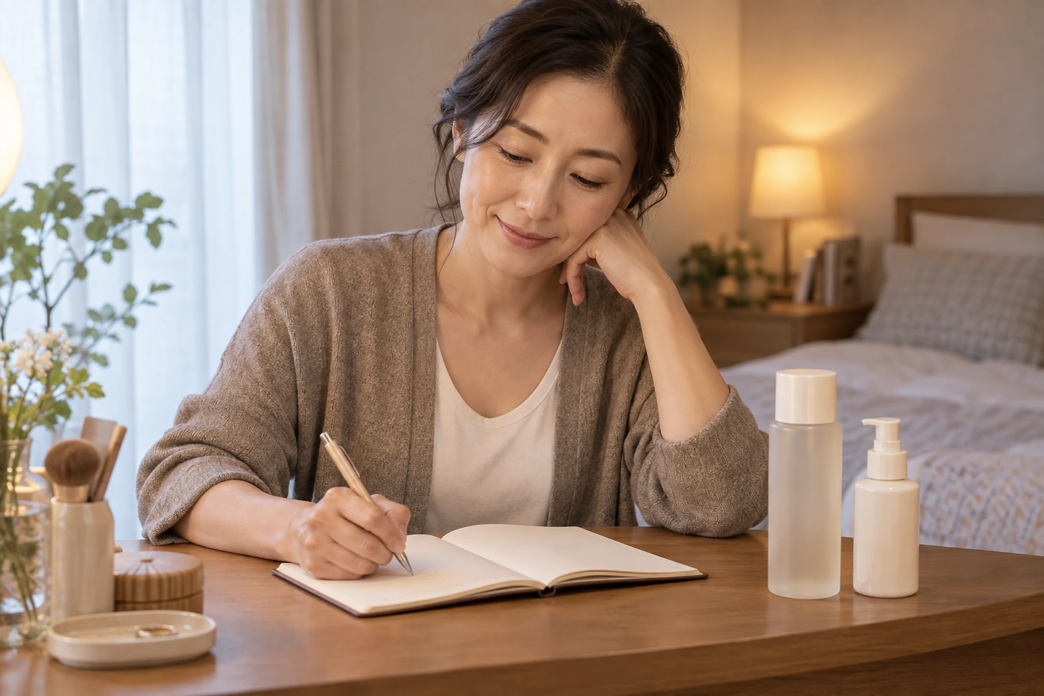 肌の悩みと手入れの目的をノートに書く女性