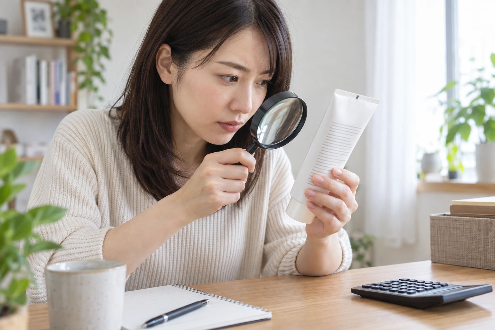 成分表示のある無地の化粧品容器を確認する女性