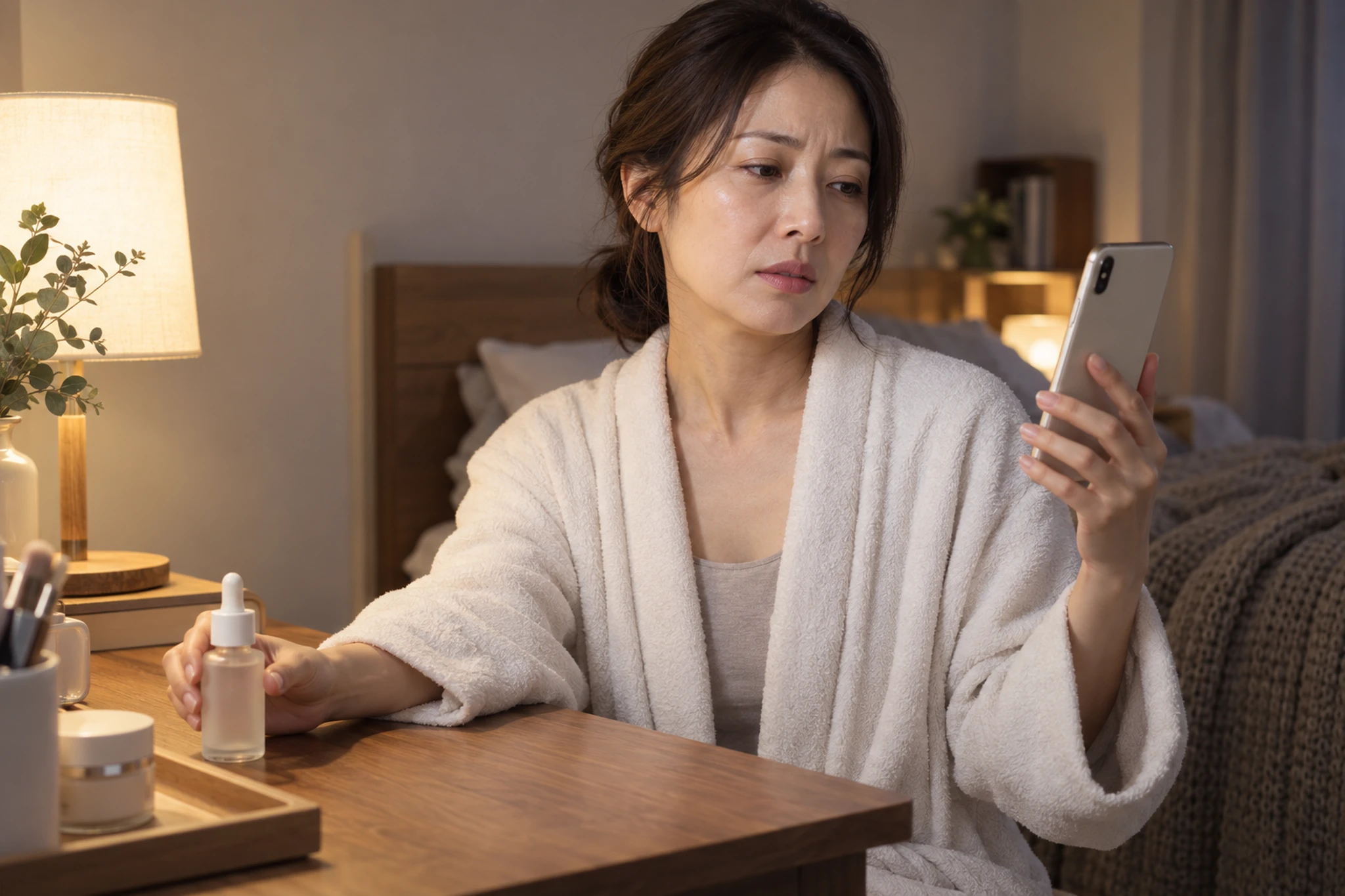 肌に違和感があり化粧品をいったん置いて確認する女性