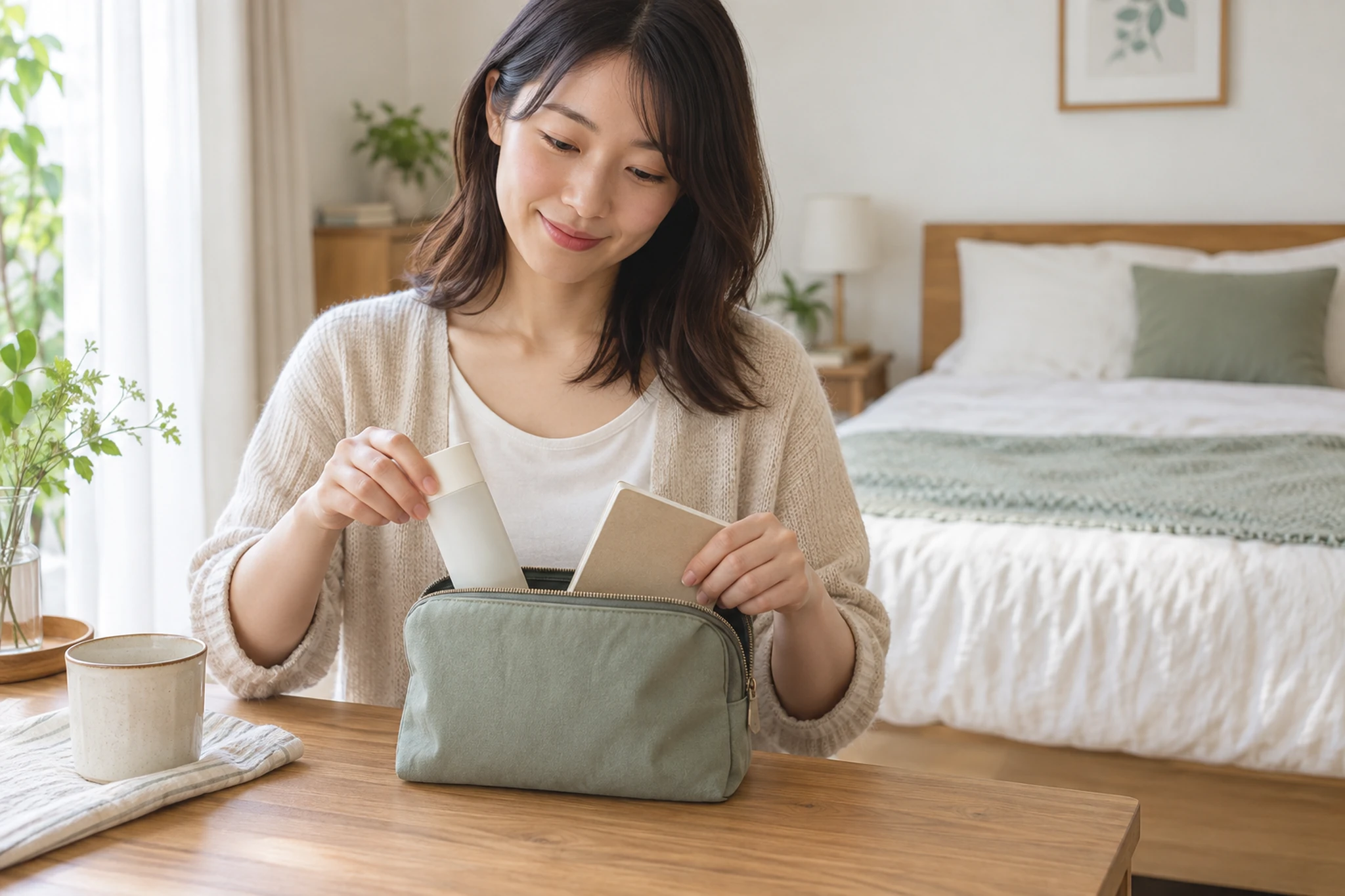無理のないスキンケア用品をポーチにまとめる女性
