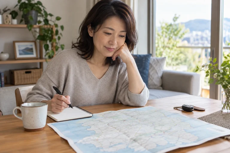 日帰りドライブの条件を計画する女性 アイキャッチ