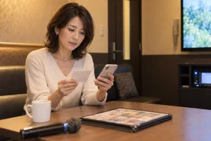一人カラオケの料金を確認する女性
