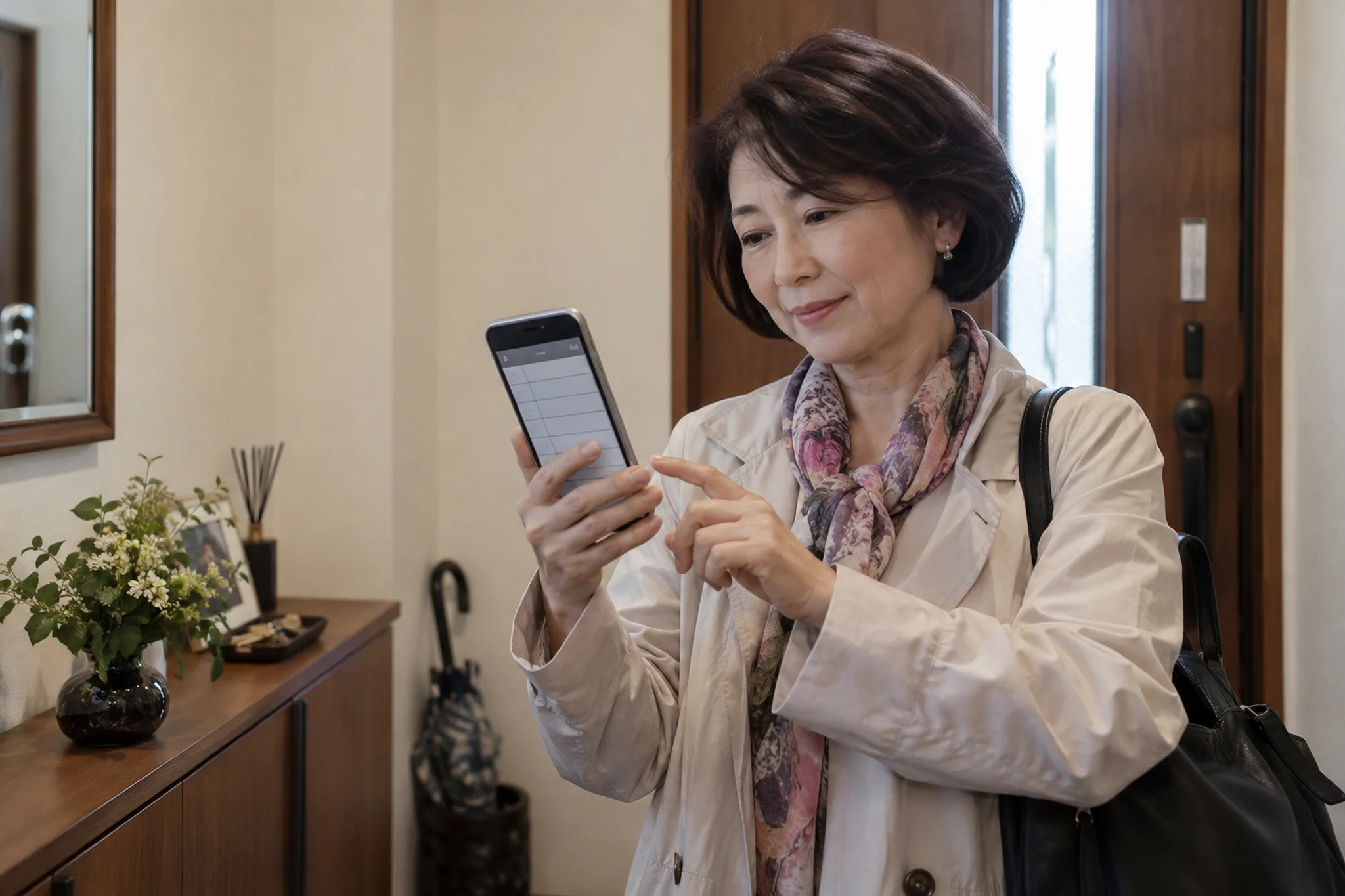 出発前にスマートフォンで店舗の料金表を確認する女性