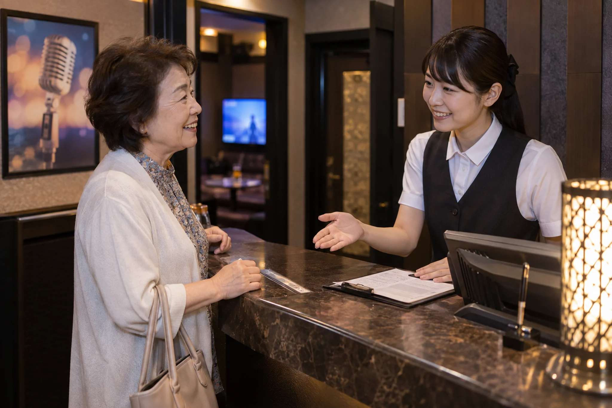 受付で一人カラオケの部屋と料金を確認する女性