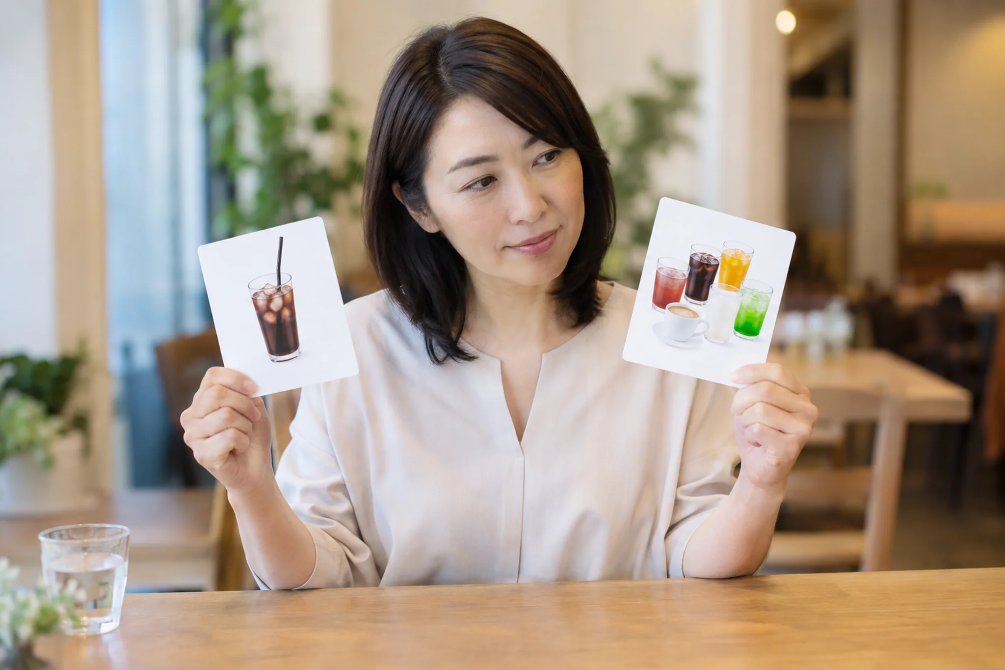 ワンドリンク制とドリンクバー付きの違いを比べる場面