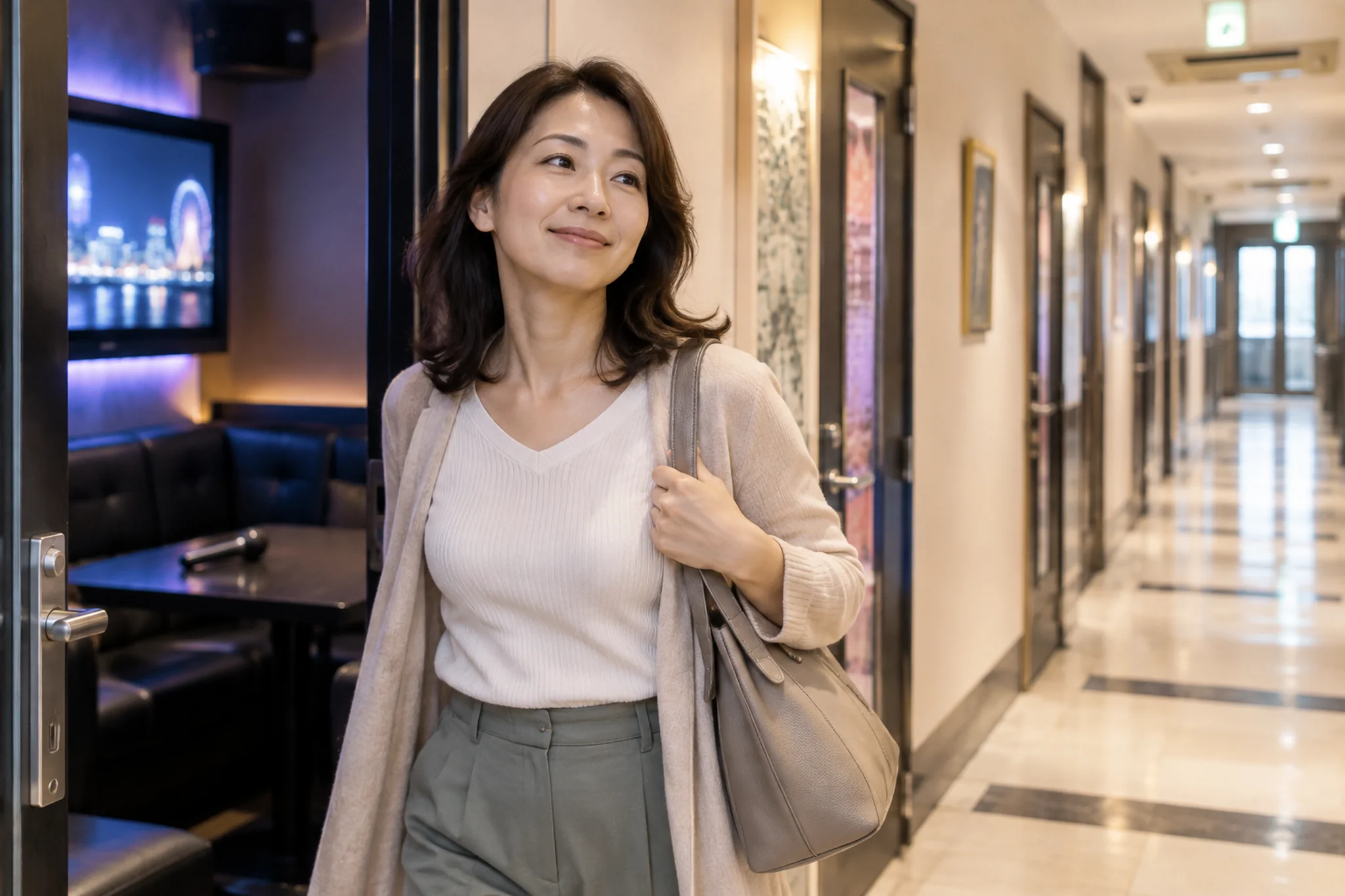短時間の一人カラオケを終えて部屋を出る女性
