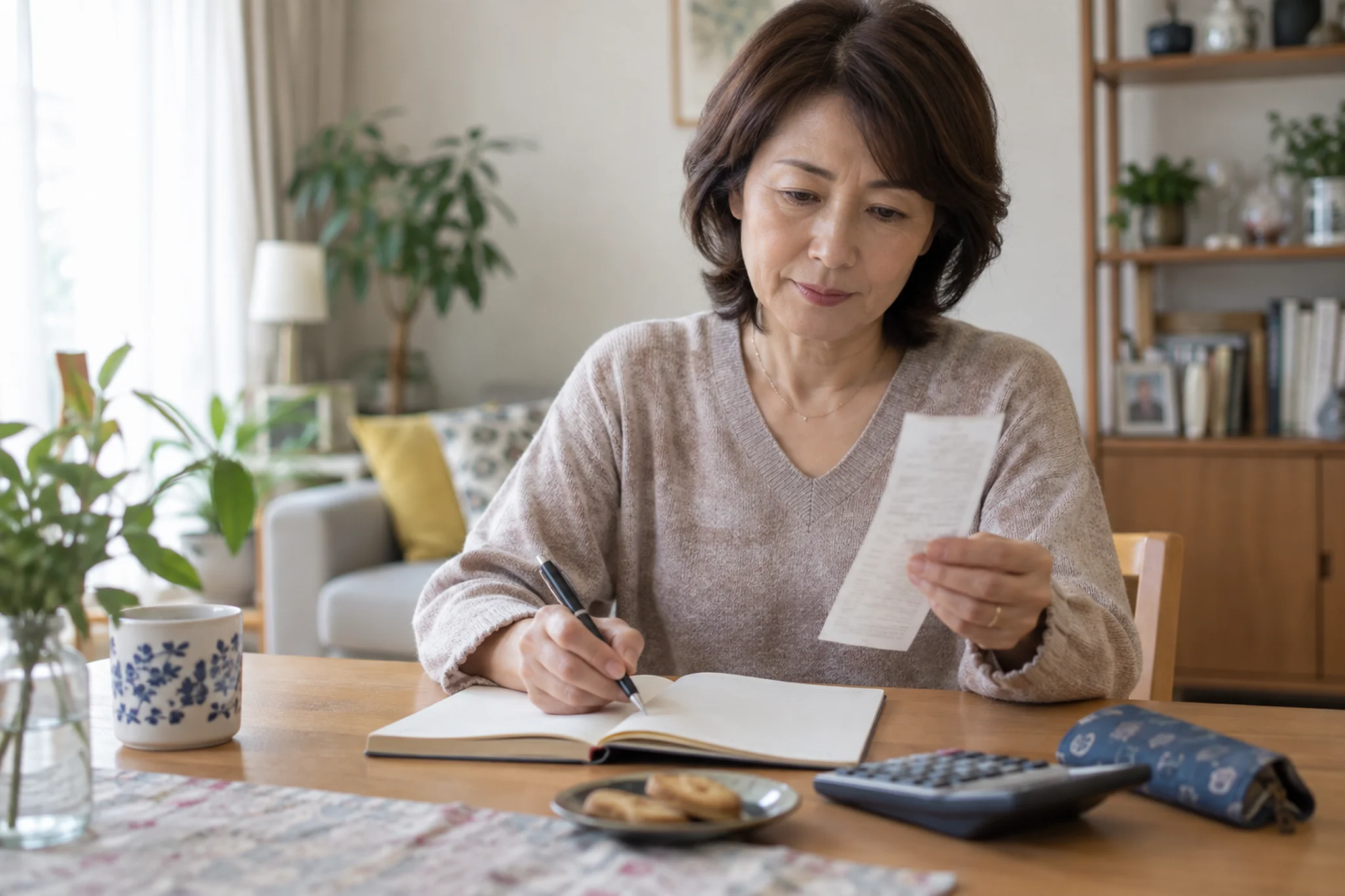 利用後のレシートを見ながら実際の支払額を記録する女性