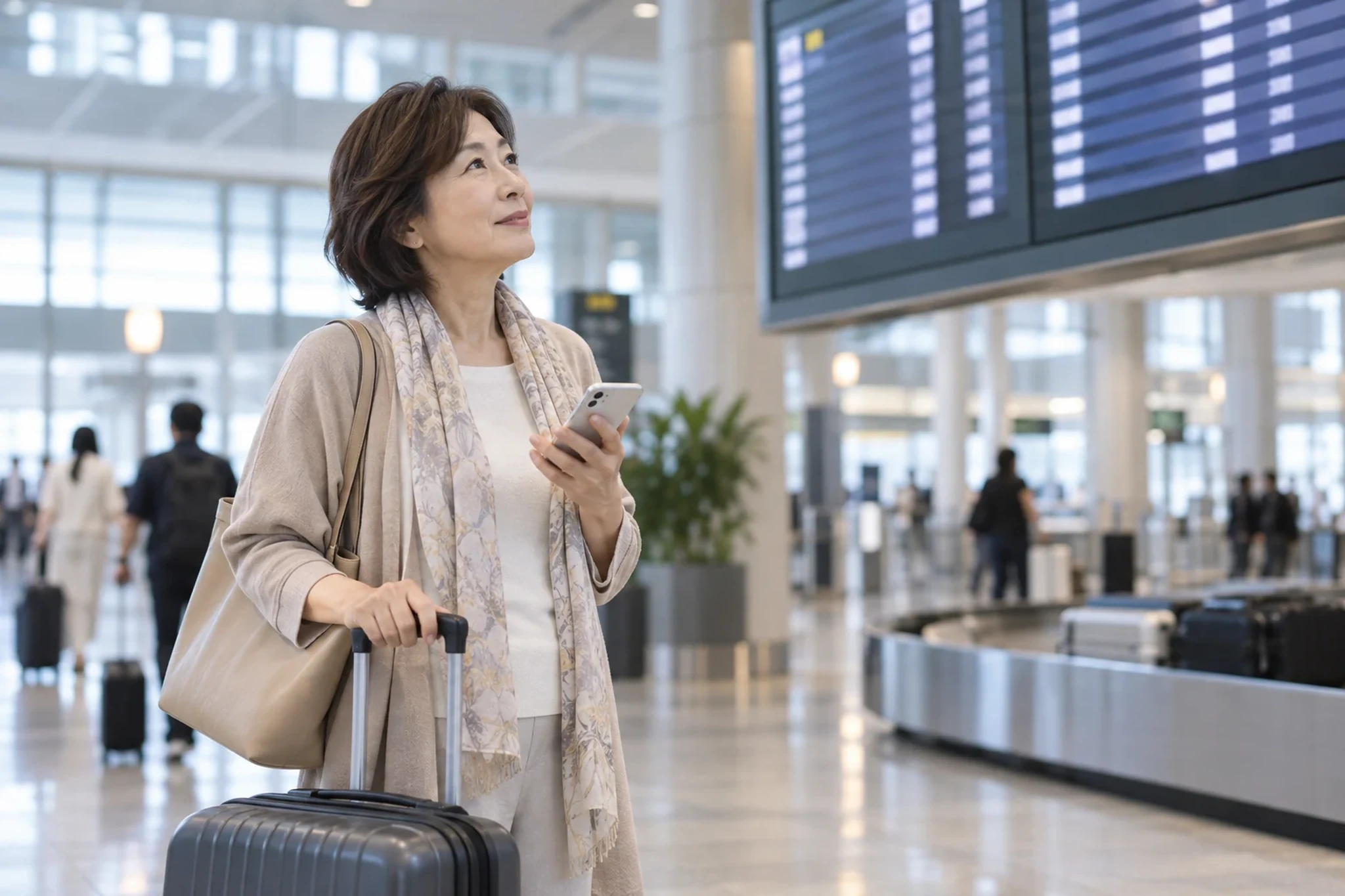 空港でスマートフォンを確認する旅人