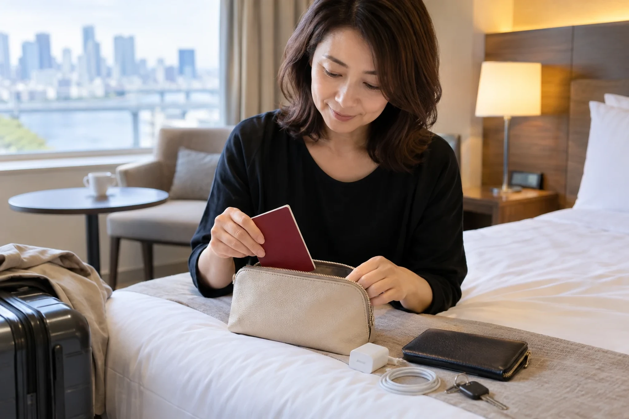 帰着後の持ち物を整理する女性