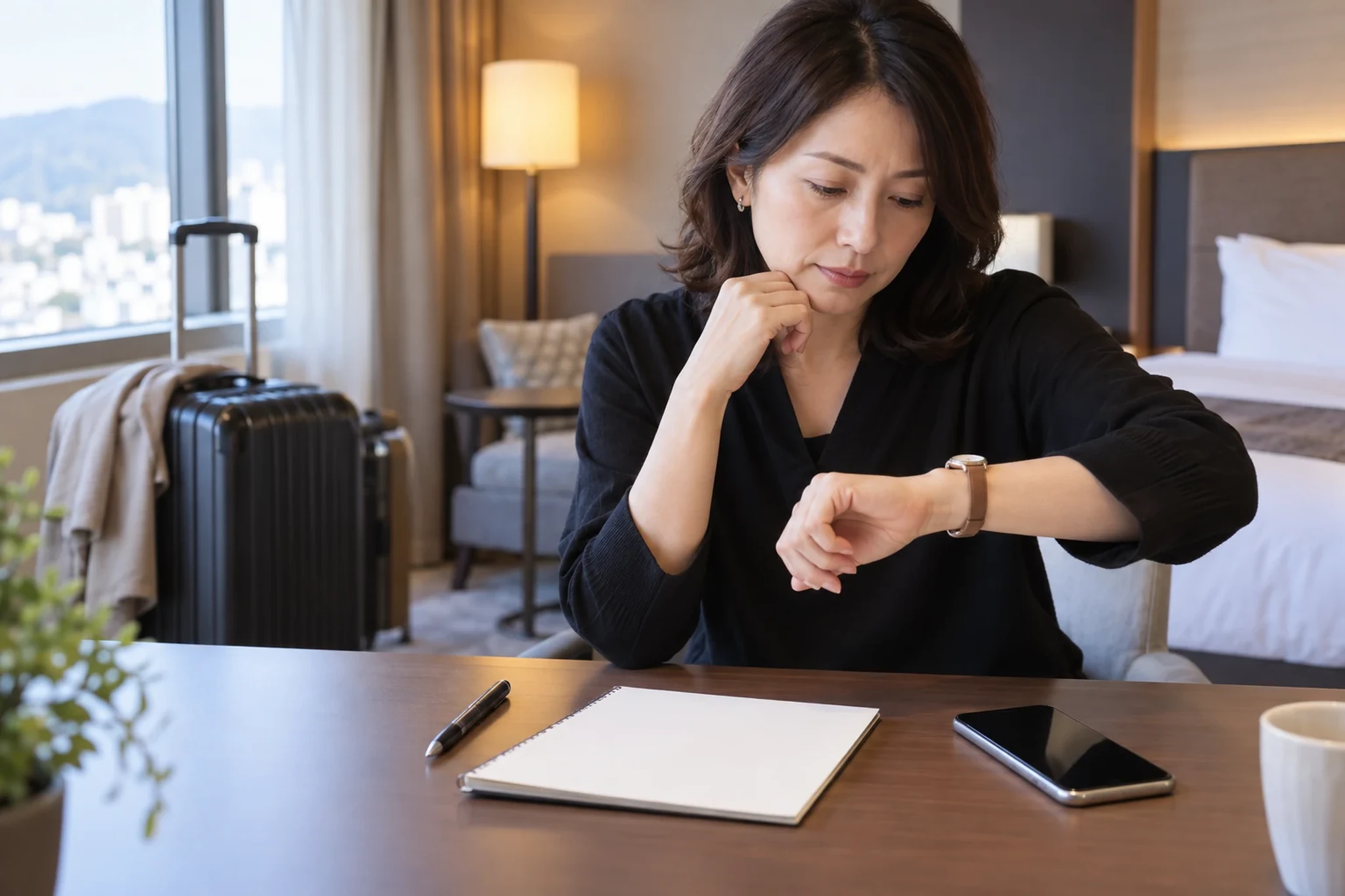遅着時の予定を確認する女性
