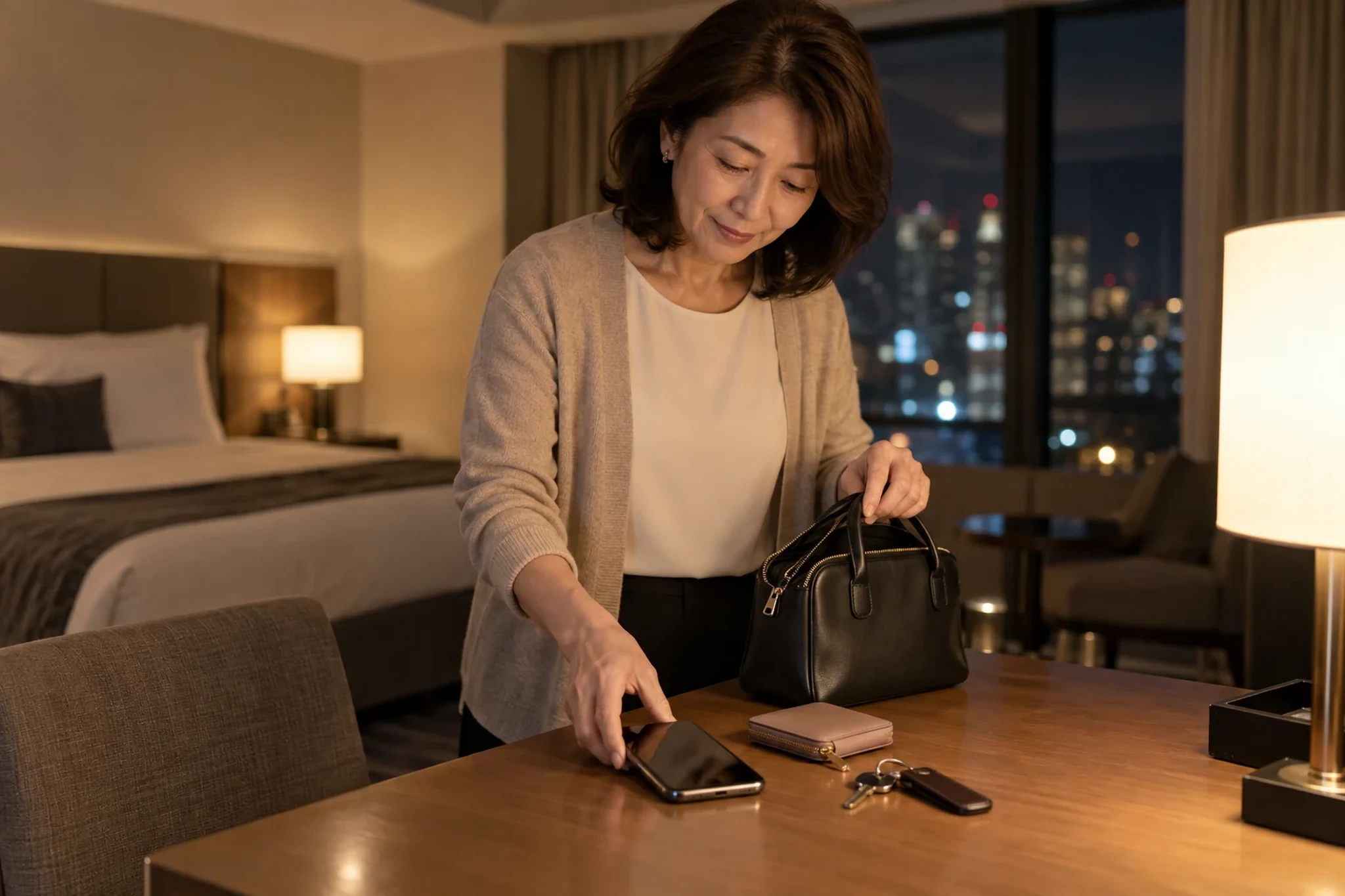 夜に旅の荷物を整理する女性