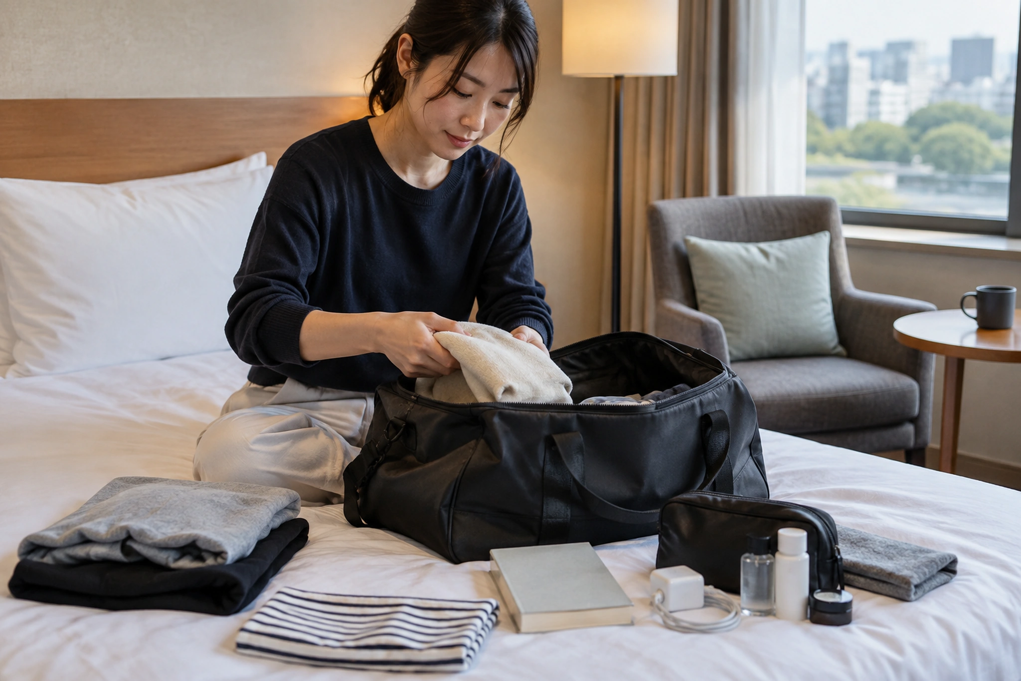 ホテルで過ごす休日の予定を考えるひとり時間