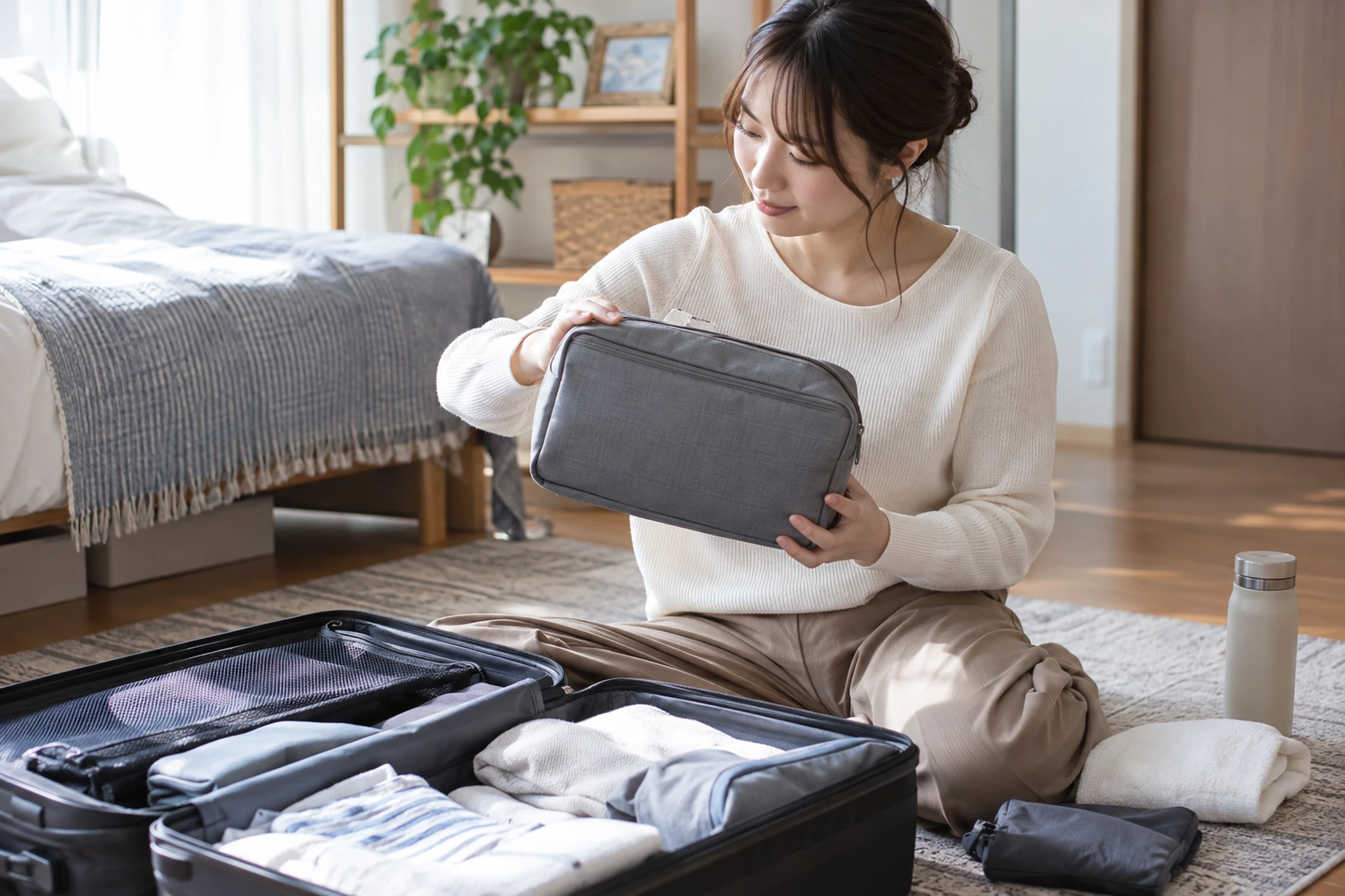 カプセルホテルのロッカーと荷物を整理する女性