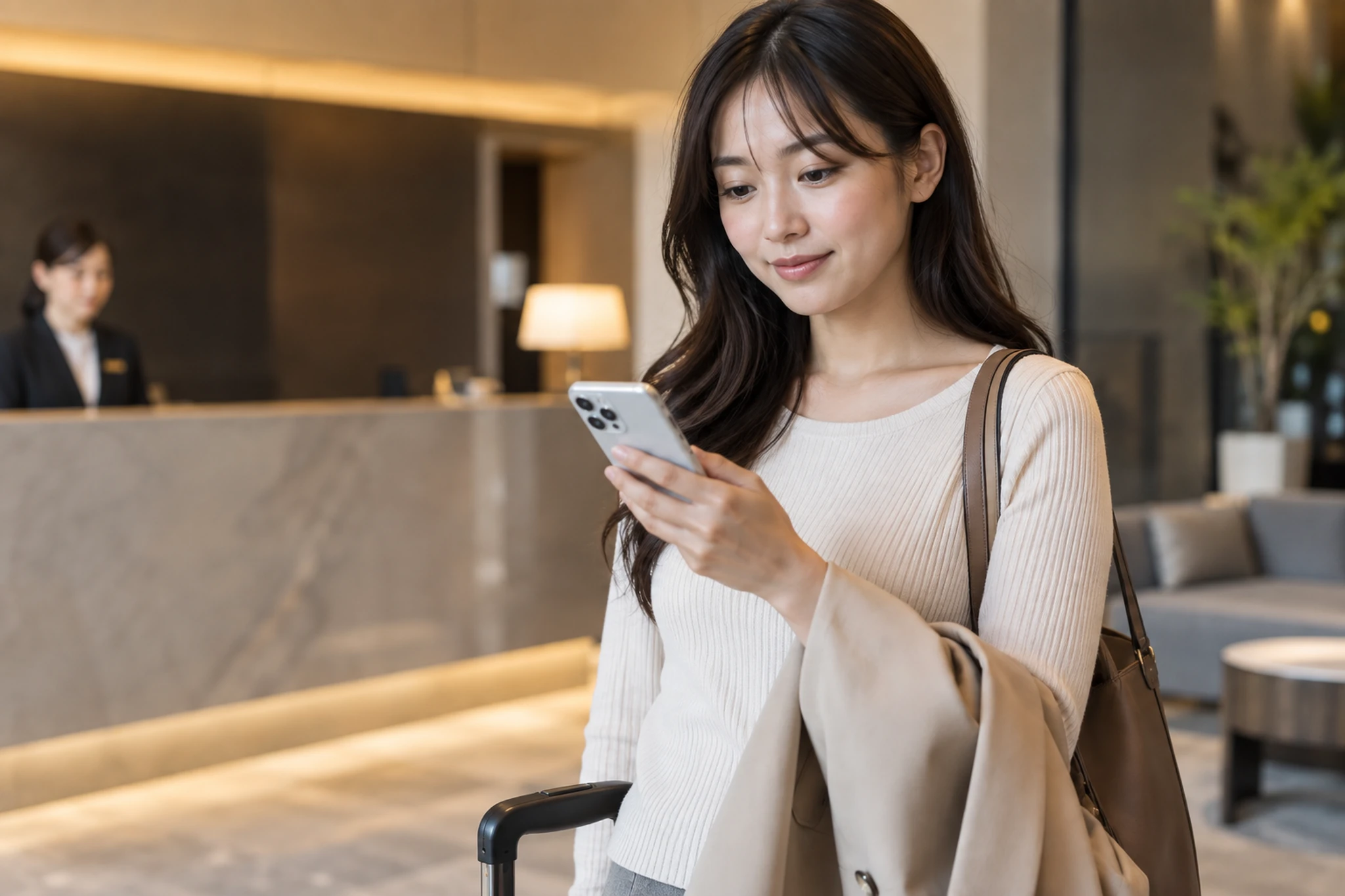 宿泊施設の受付や緊急連絡先を確認する女性