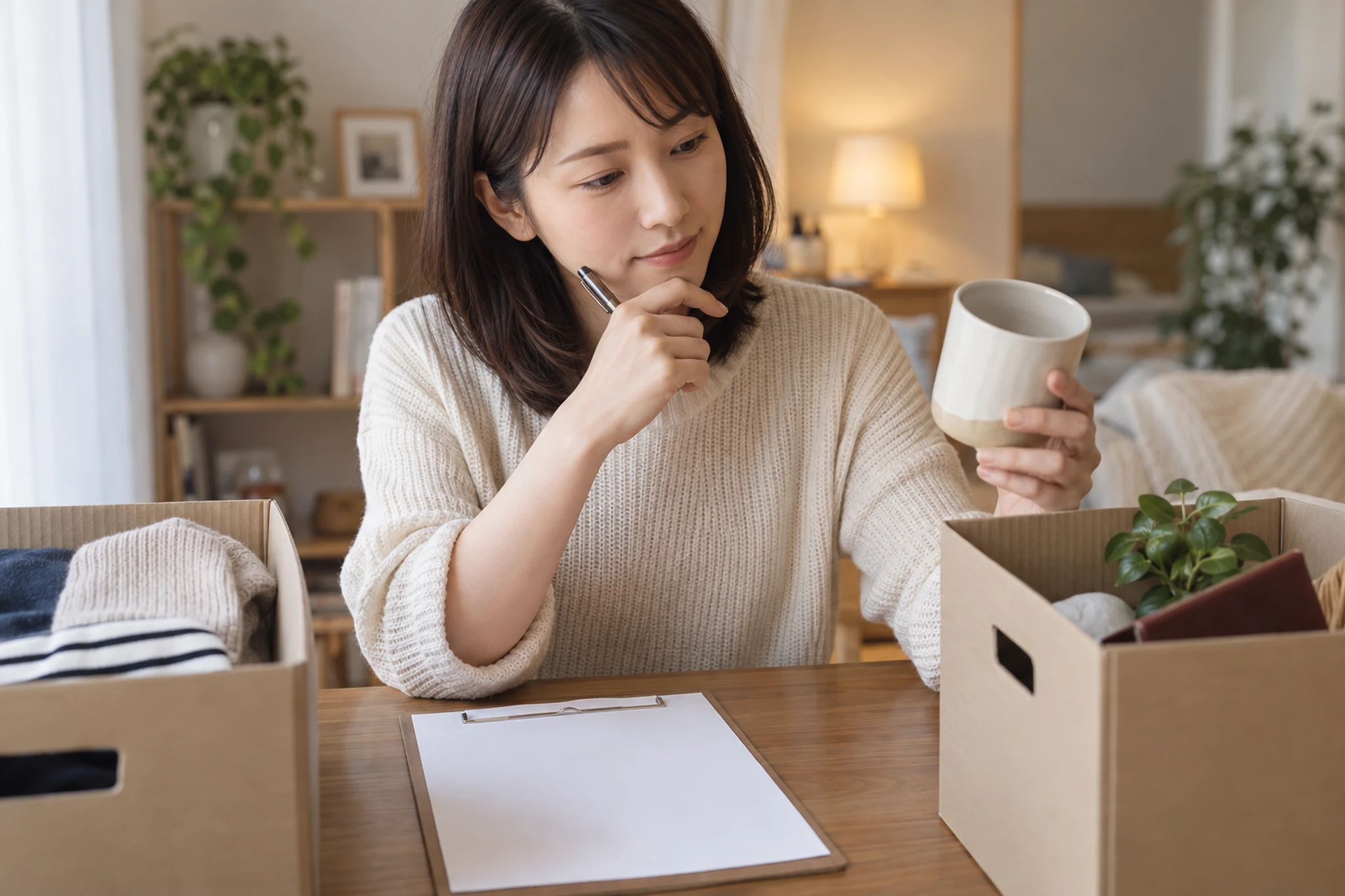 収納する物を残す・手放すに分けて箱を選ぶ女性