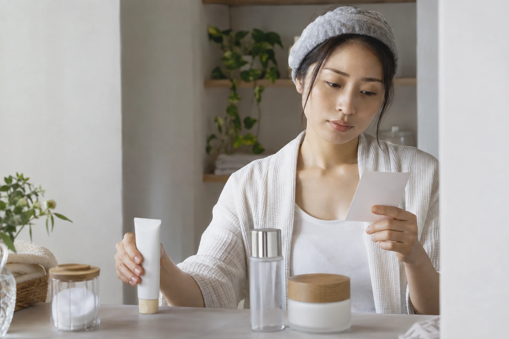 違和感があるときに日焼け止めを置いて確認する女性