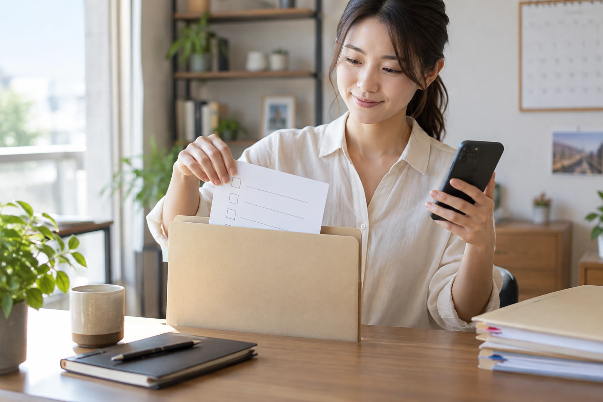 提出後の控えを保管し次回の予定を残す場面