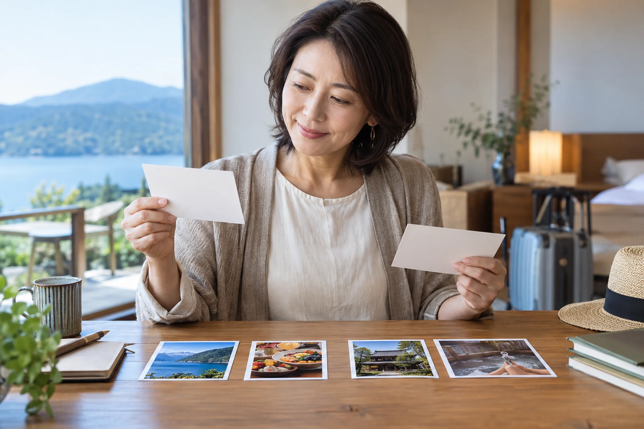 一人旅の目的を景色・食事・学びなどのカードで比べる場面