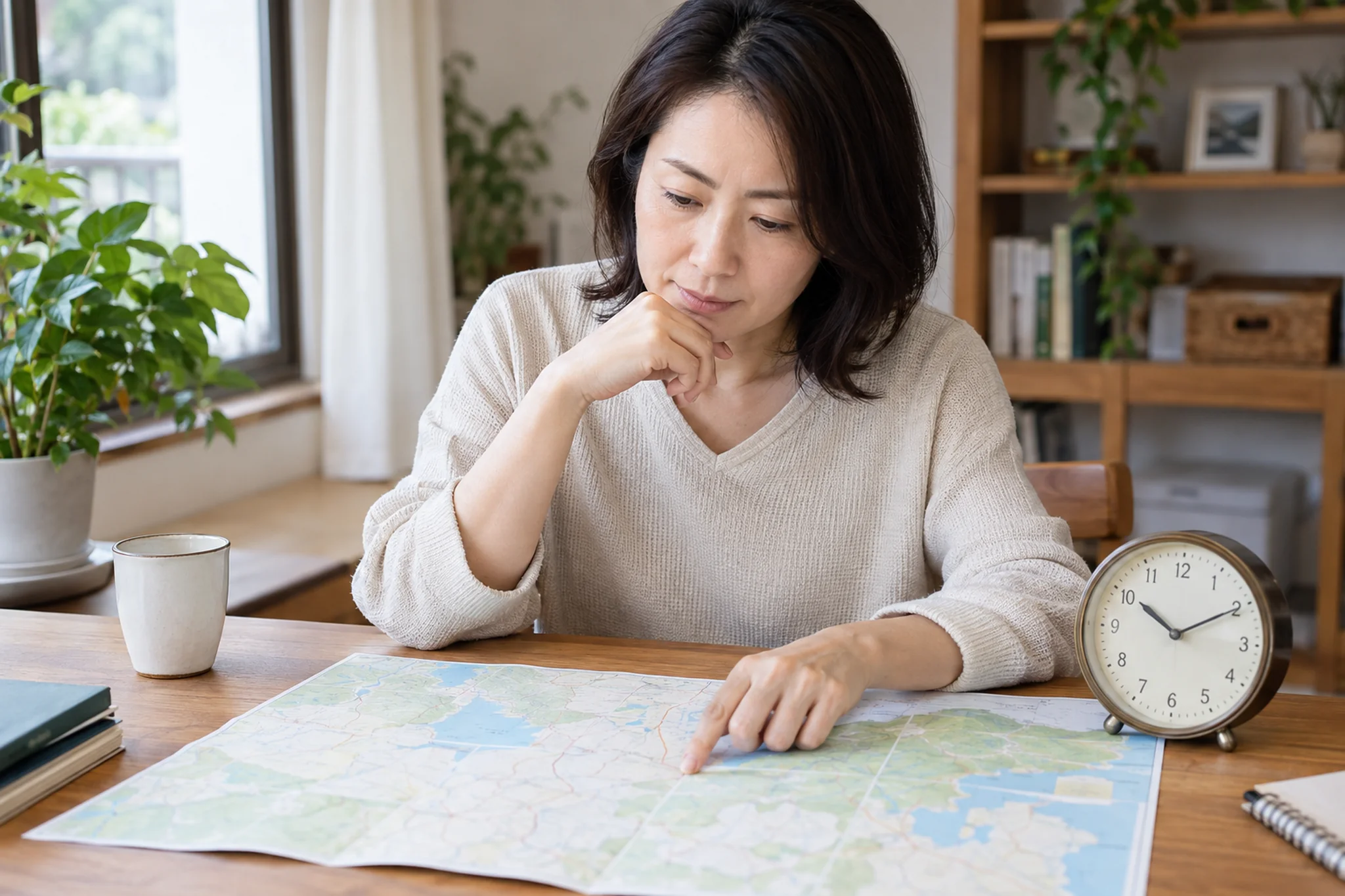 地図と時計を見ながら移動時間と滞在時間を計算する場面