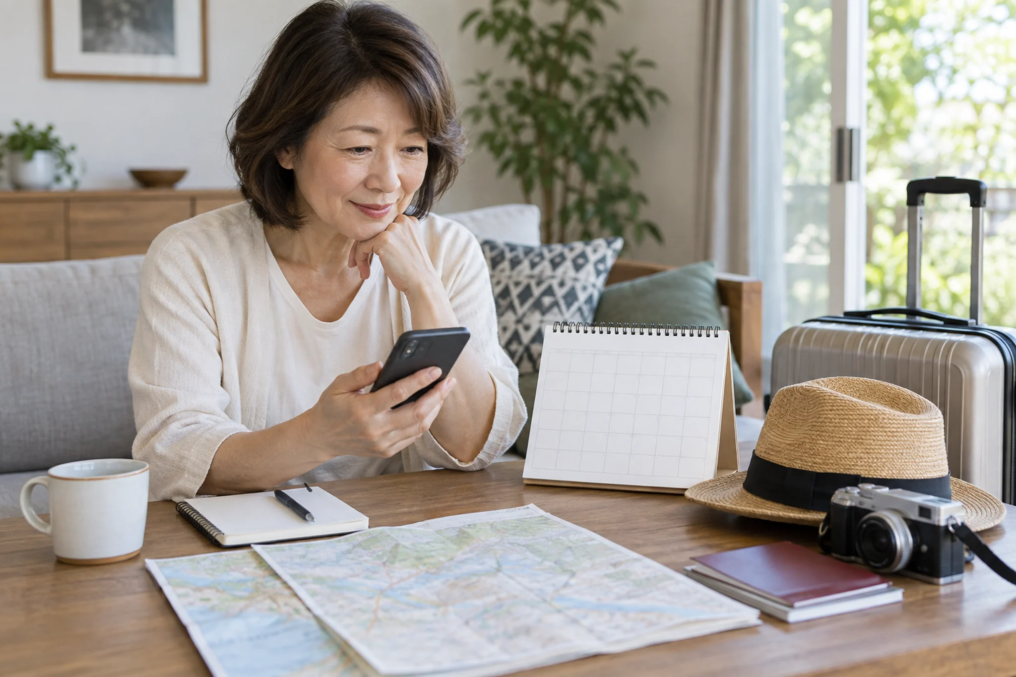 季節と天気を確認しながら一人旅の日程を考える場面