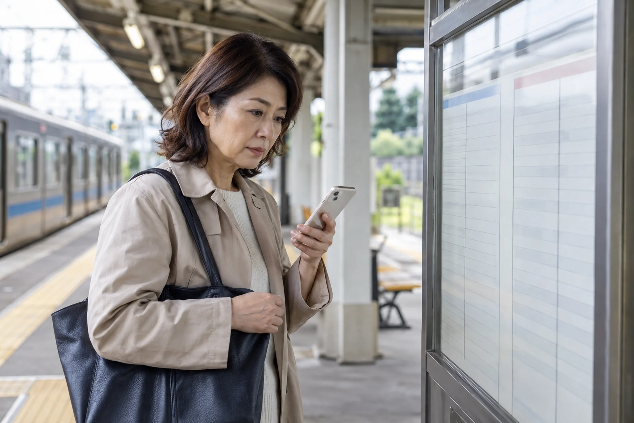 駅で帰りの交通と乗り換えを確認する一人旅の場面