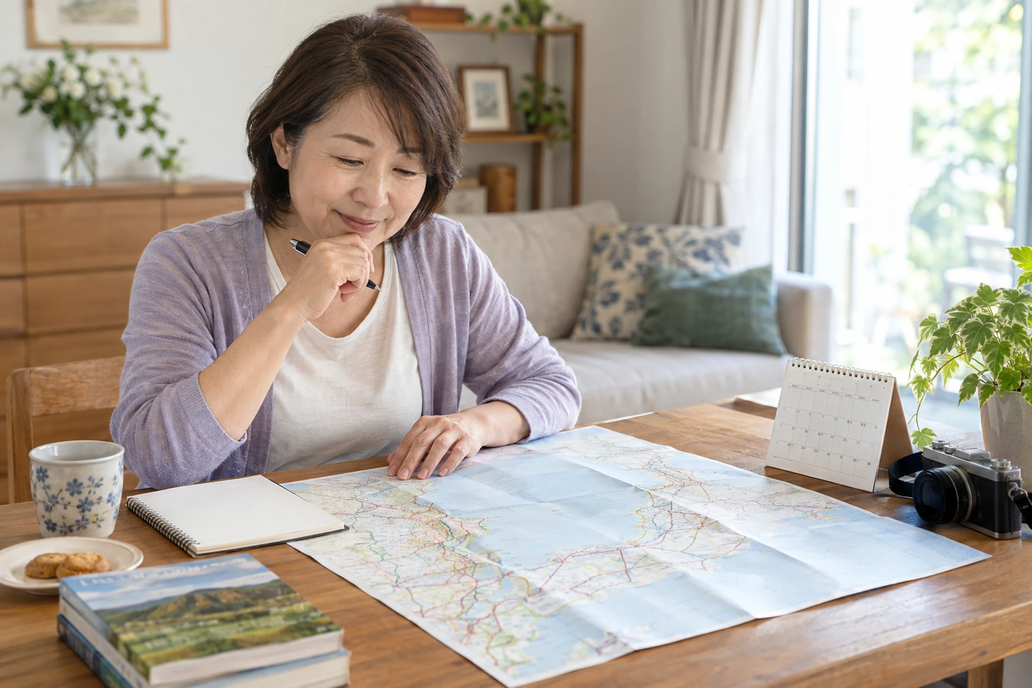 鉄道の一人旅を自宅で計画する場面