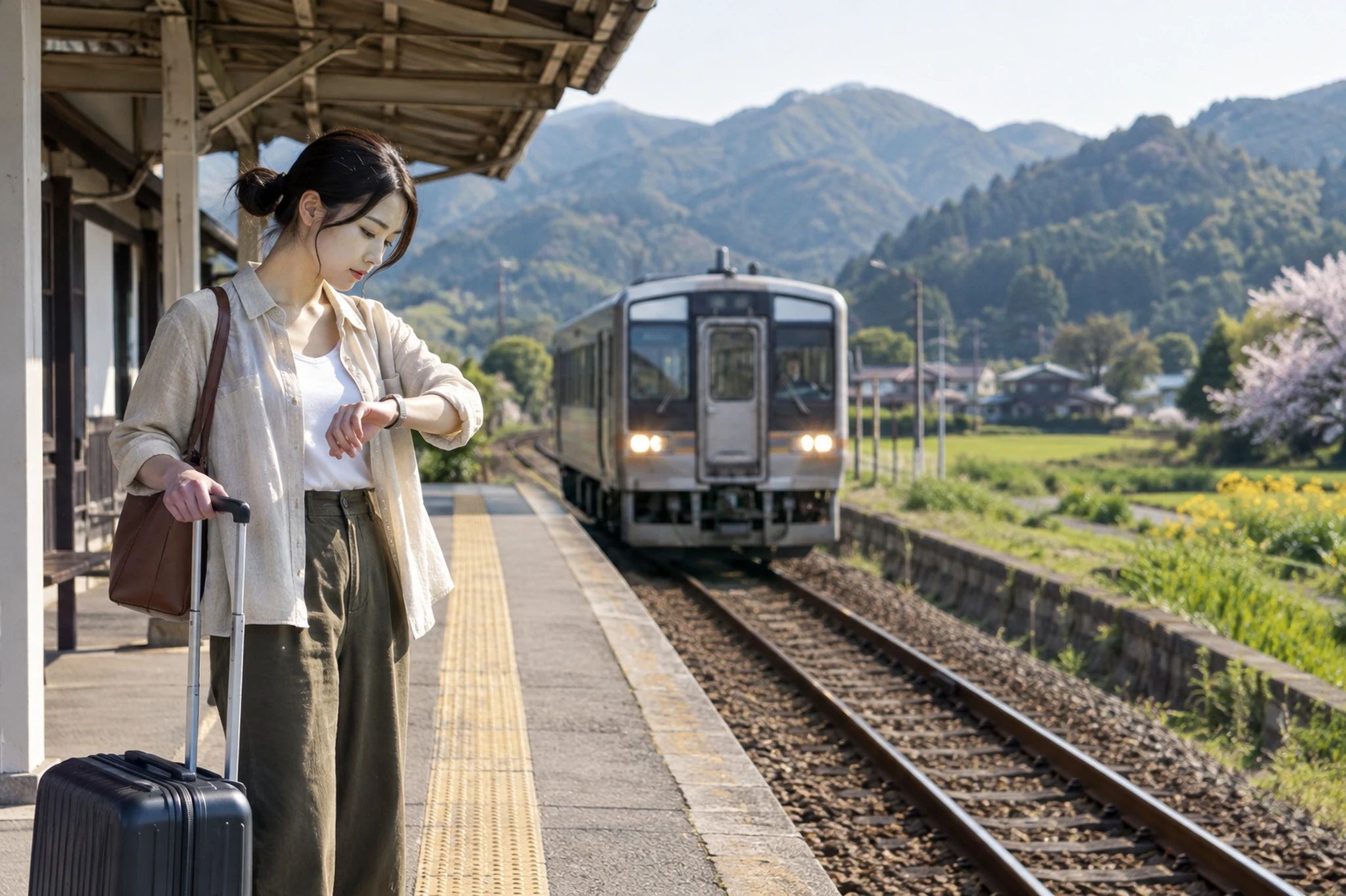 ローカル線のホームで出発を待つ場面