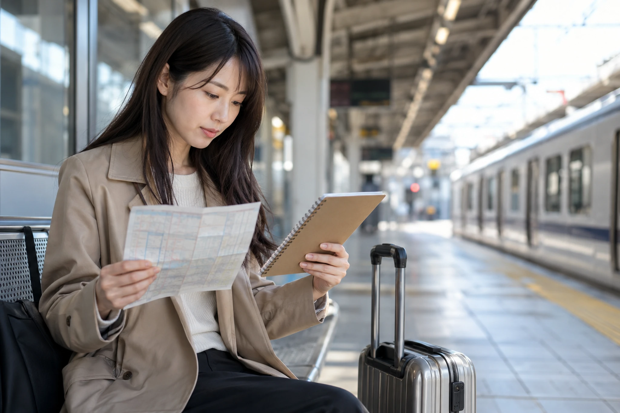 時刻と乗り換えを確認する場面