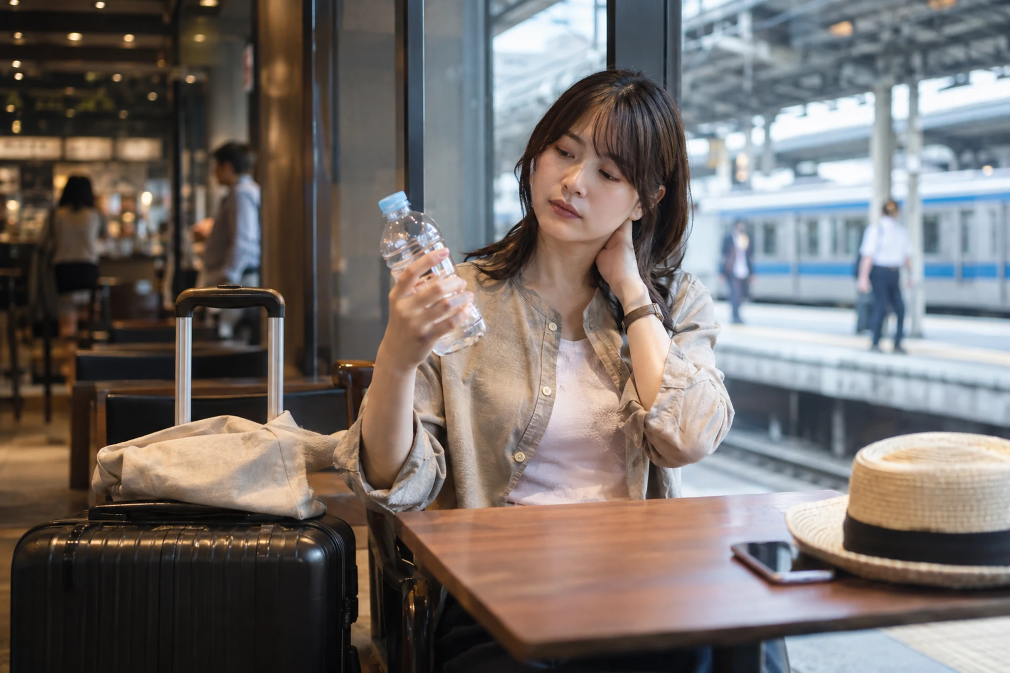 駅の近くで水分と疲れを確認する場面