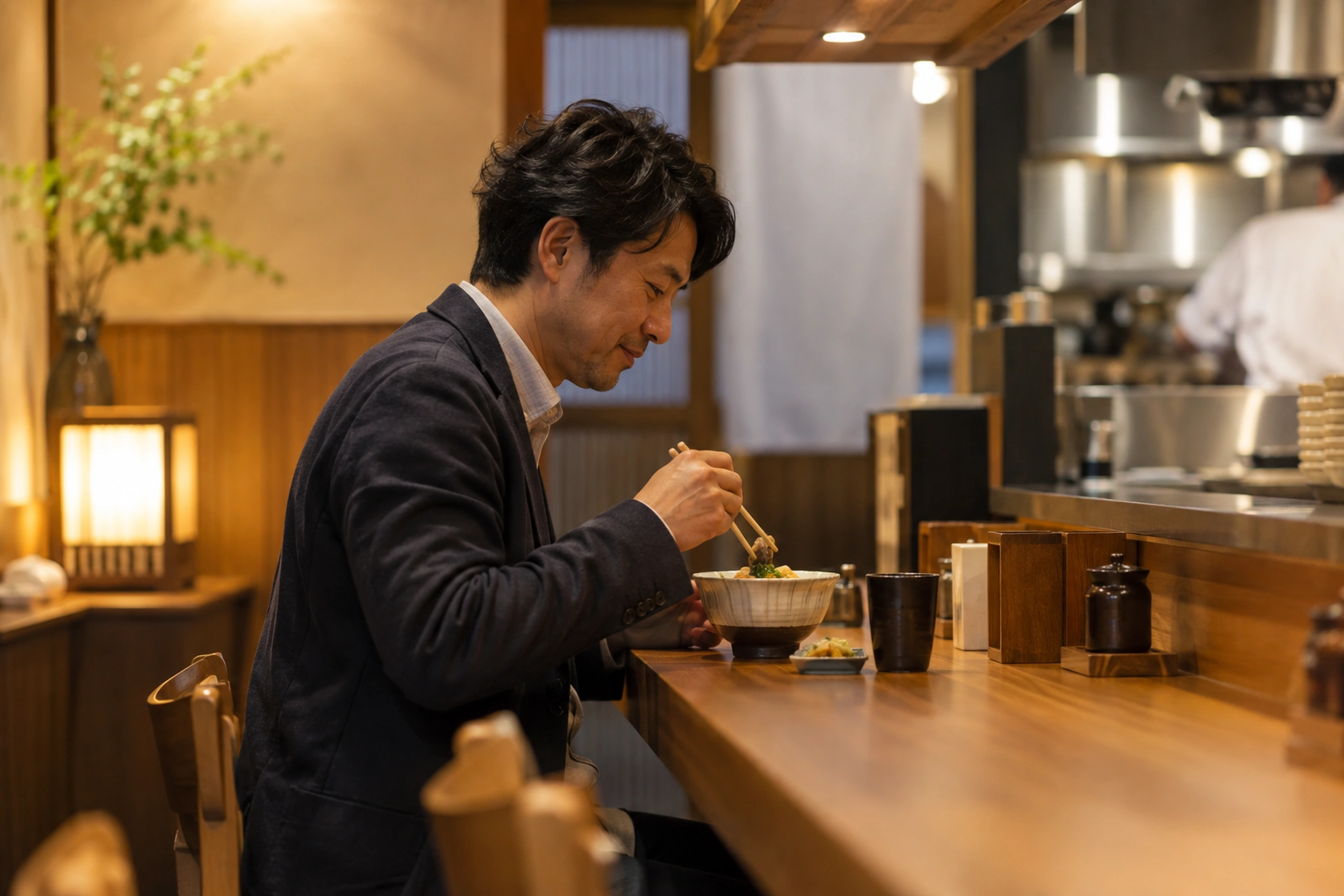 一人で食事を楽しむ男性