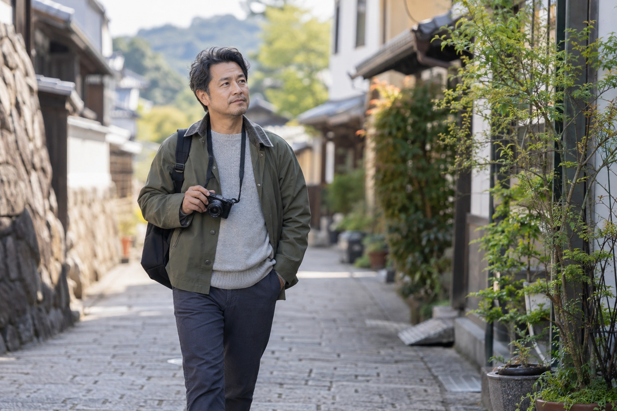 非固有の街並みを一人で歩く男性