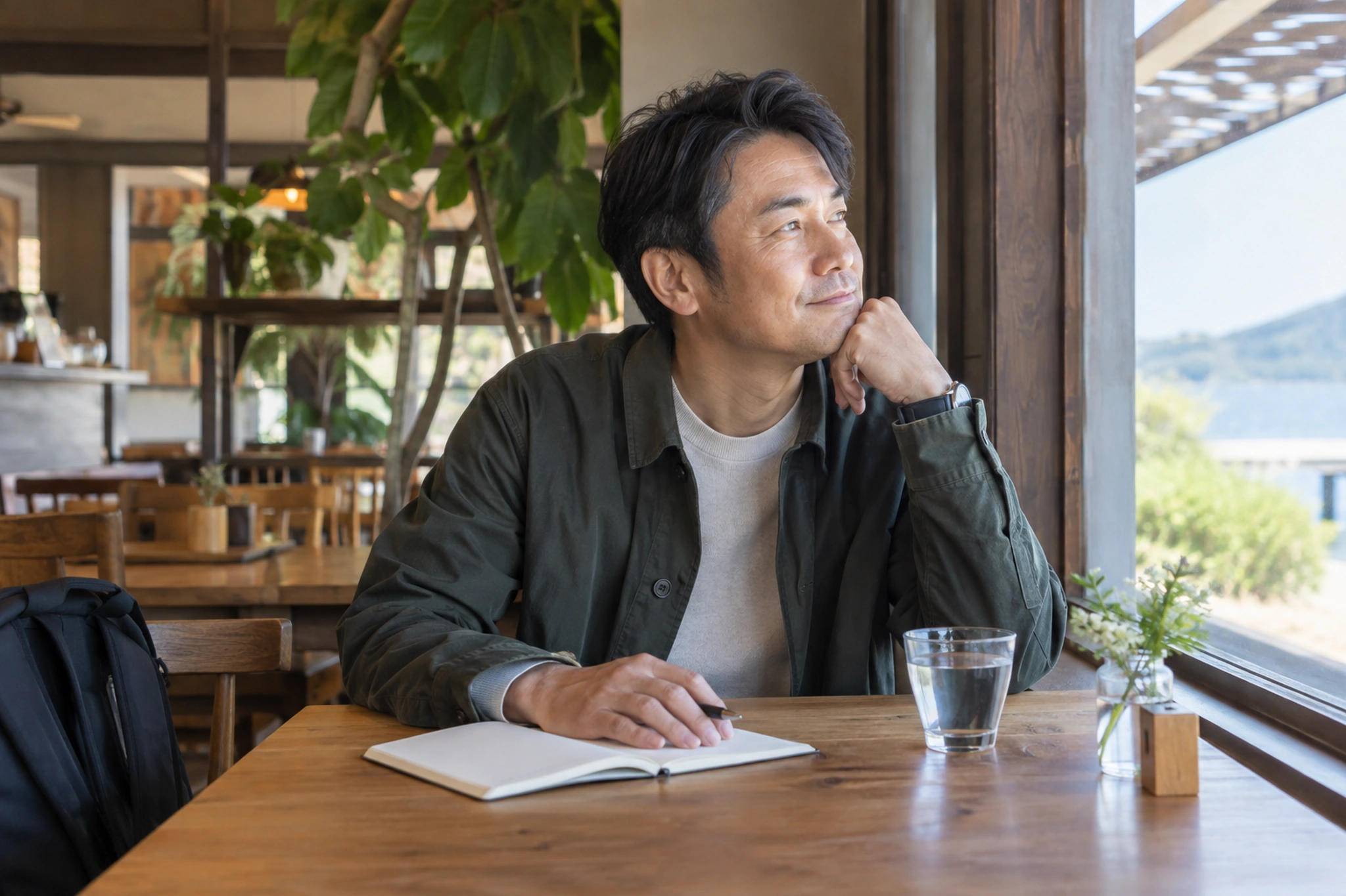 旅の途中で休憩する男性