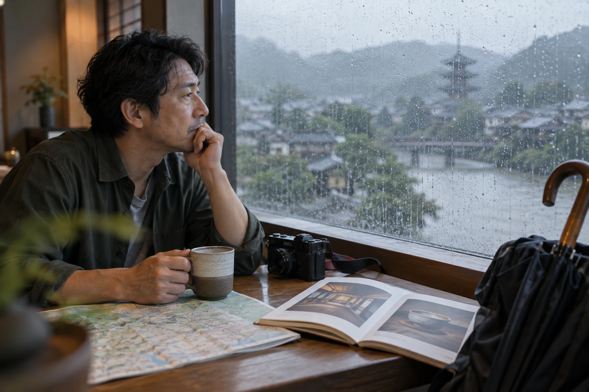 雨天時に旅程を切り替える男性