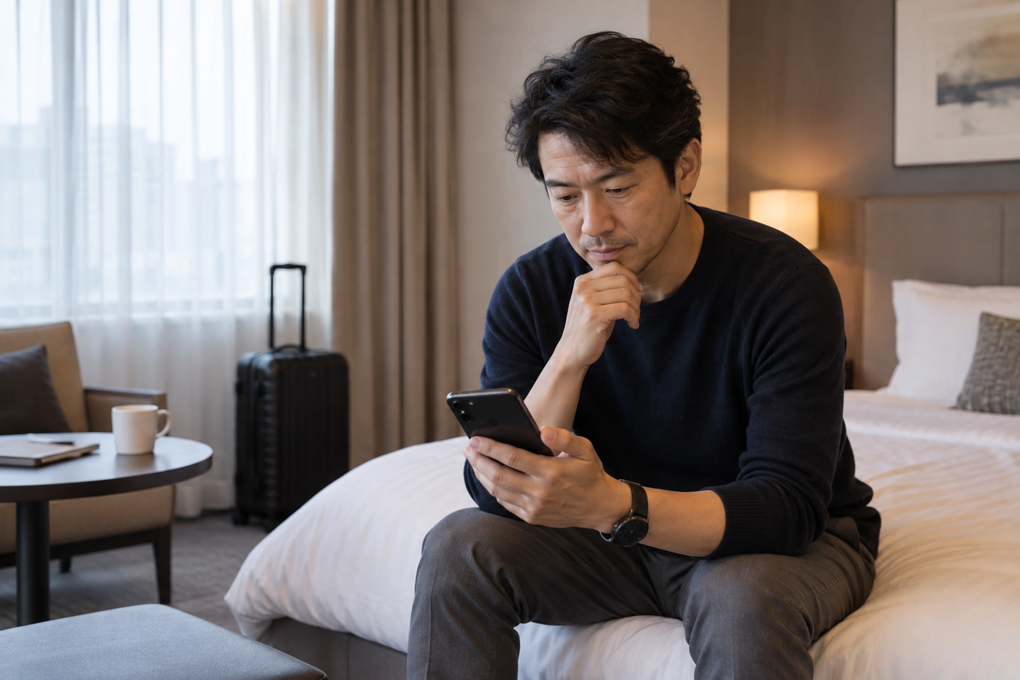 宿で予約や予算を確認する男性