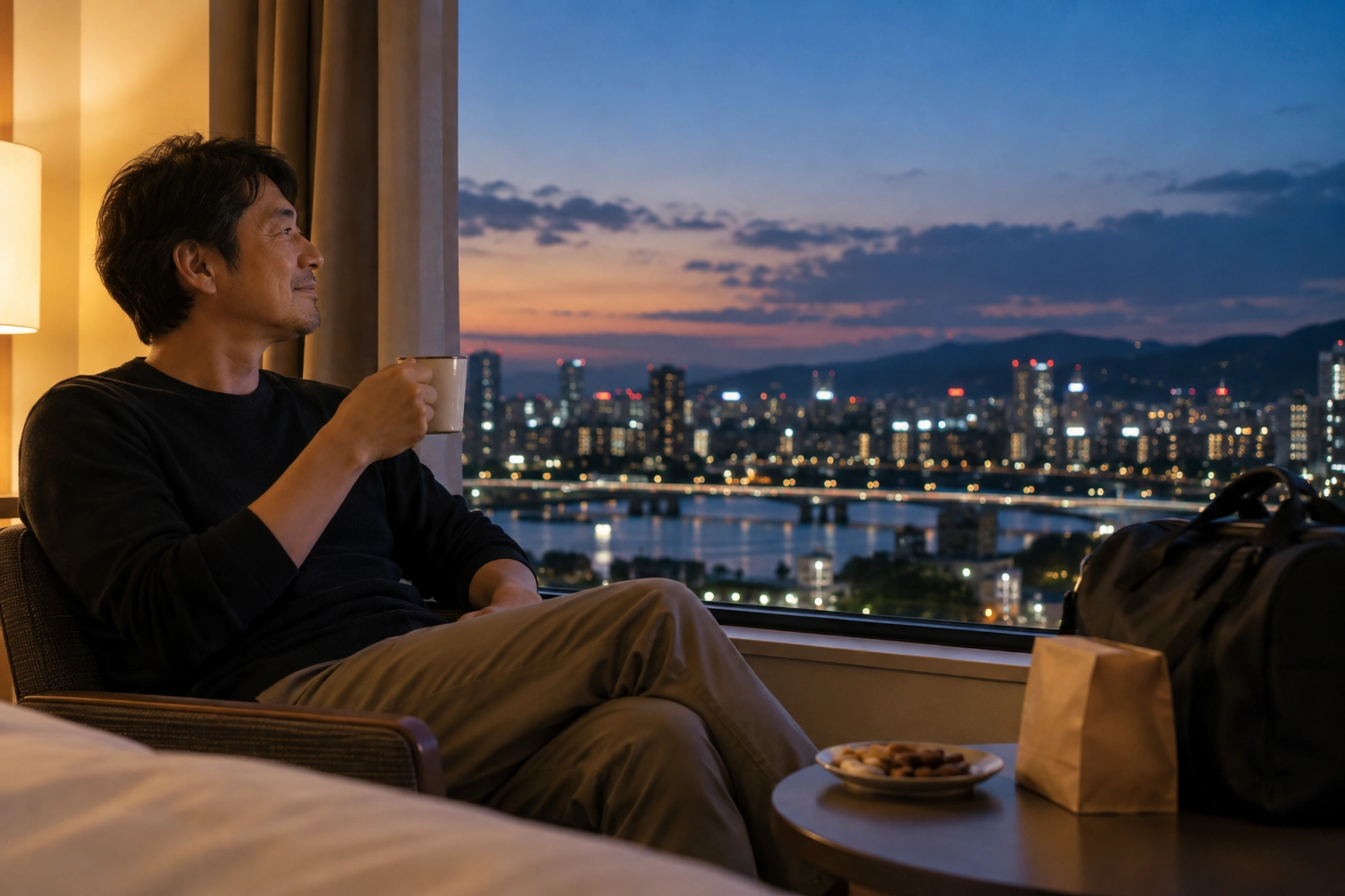 一人旅の夜に余韻を楽しむ男性