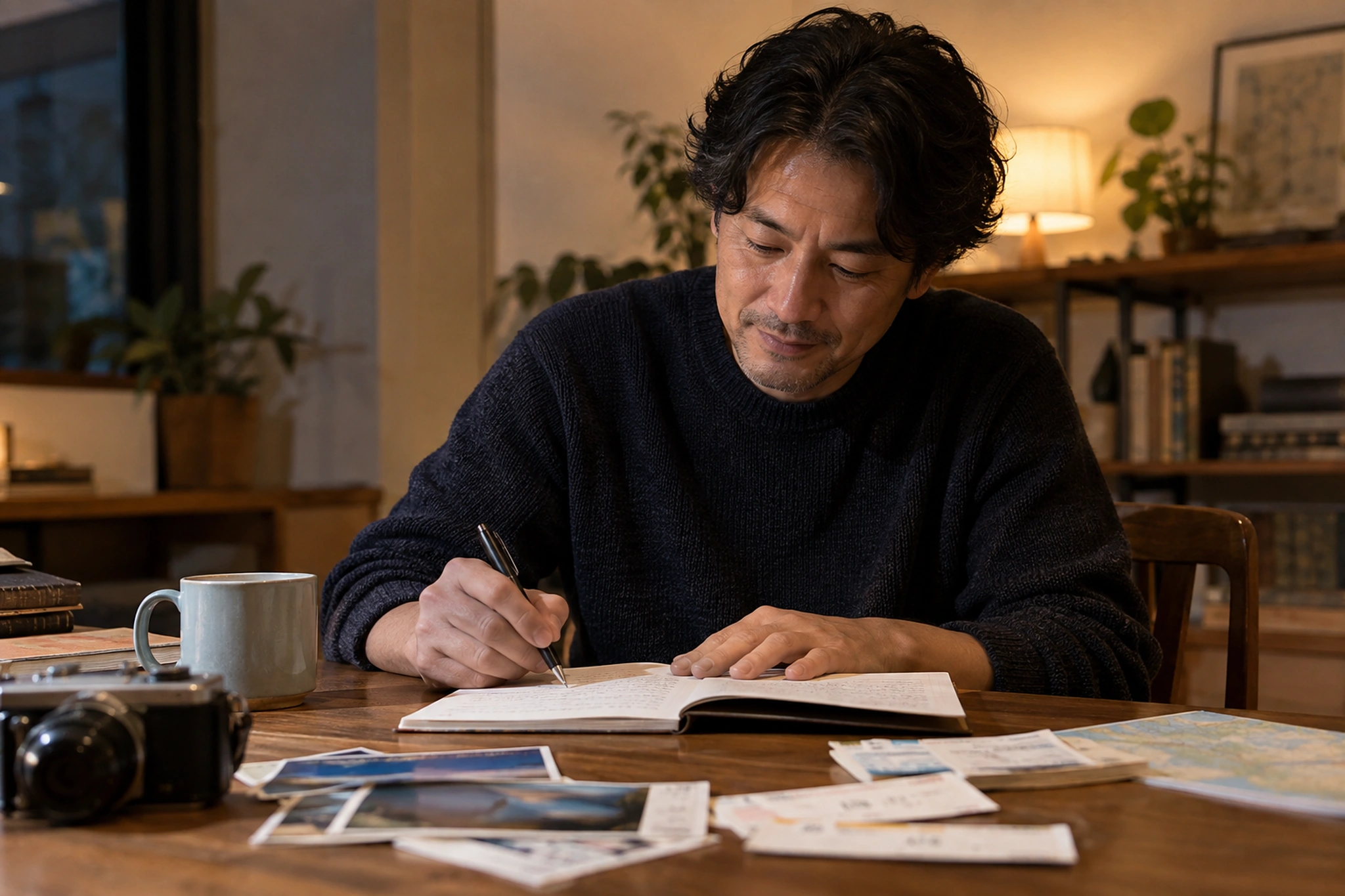 旅の費用や気づきを記録する男性