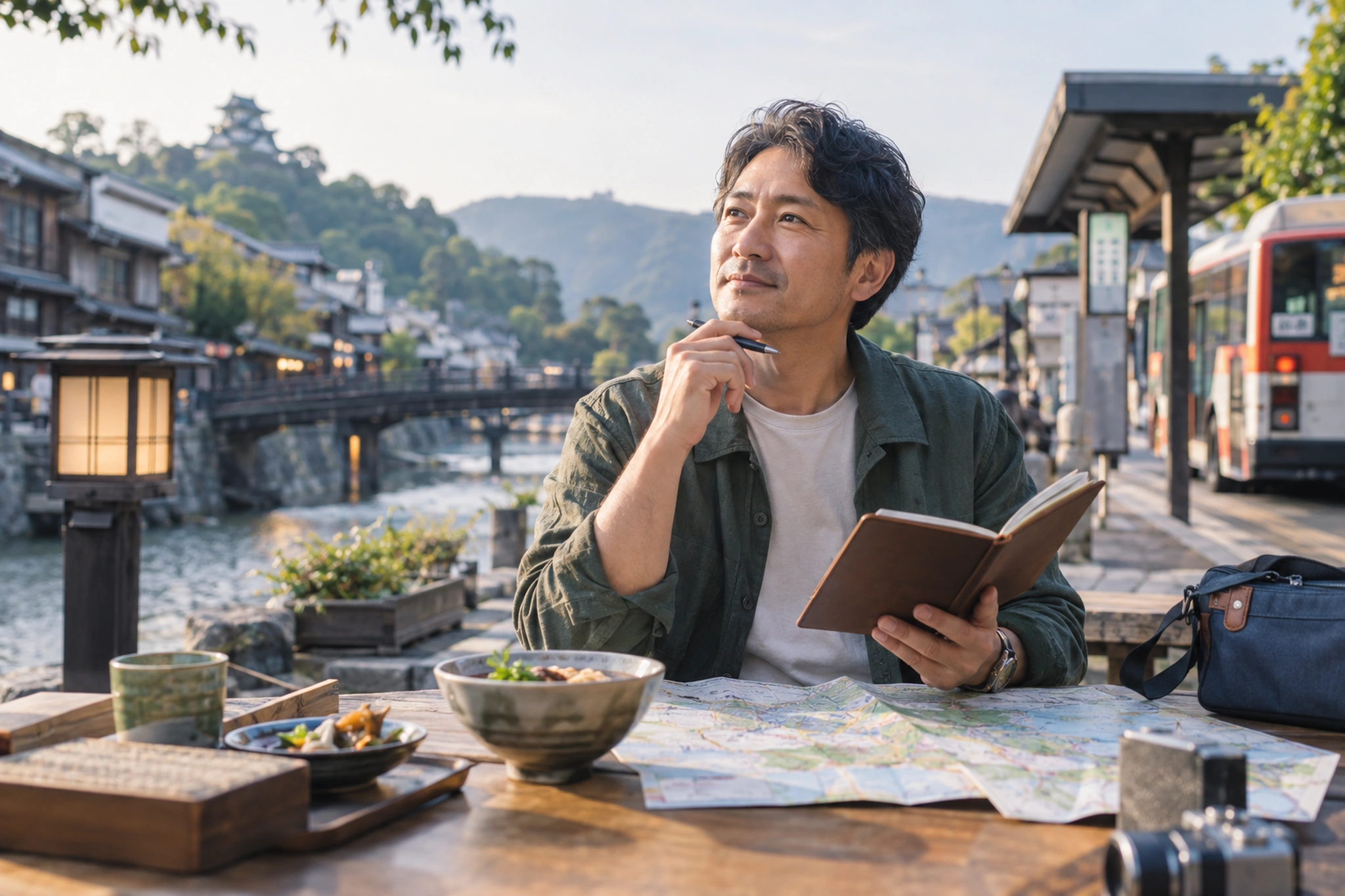 非固有の旅先イメージを見ながら過ごし方を振り返る男性
