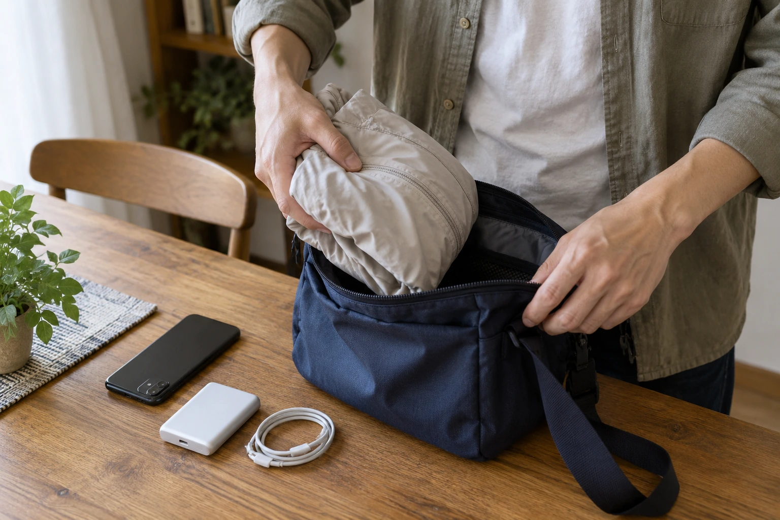 半日旅に使う小さなバッグへ充電器と折り畳んだ上着をまとめる手元