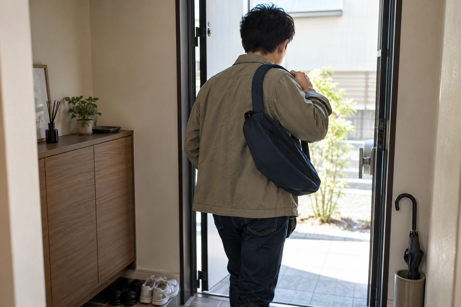 小さなバッグを肩に掛けて玄関から出発する男性の後ろ姿