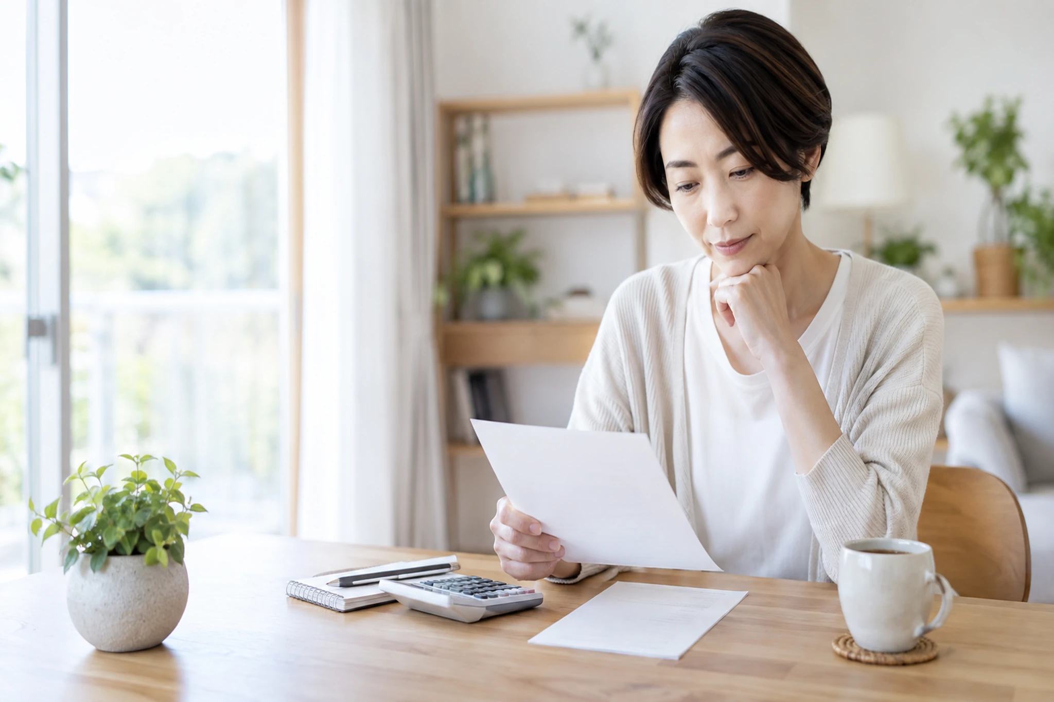 一人暮らしの女性が電気料金の明細を確認する場面