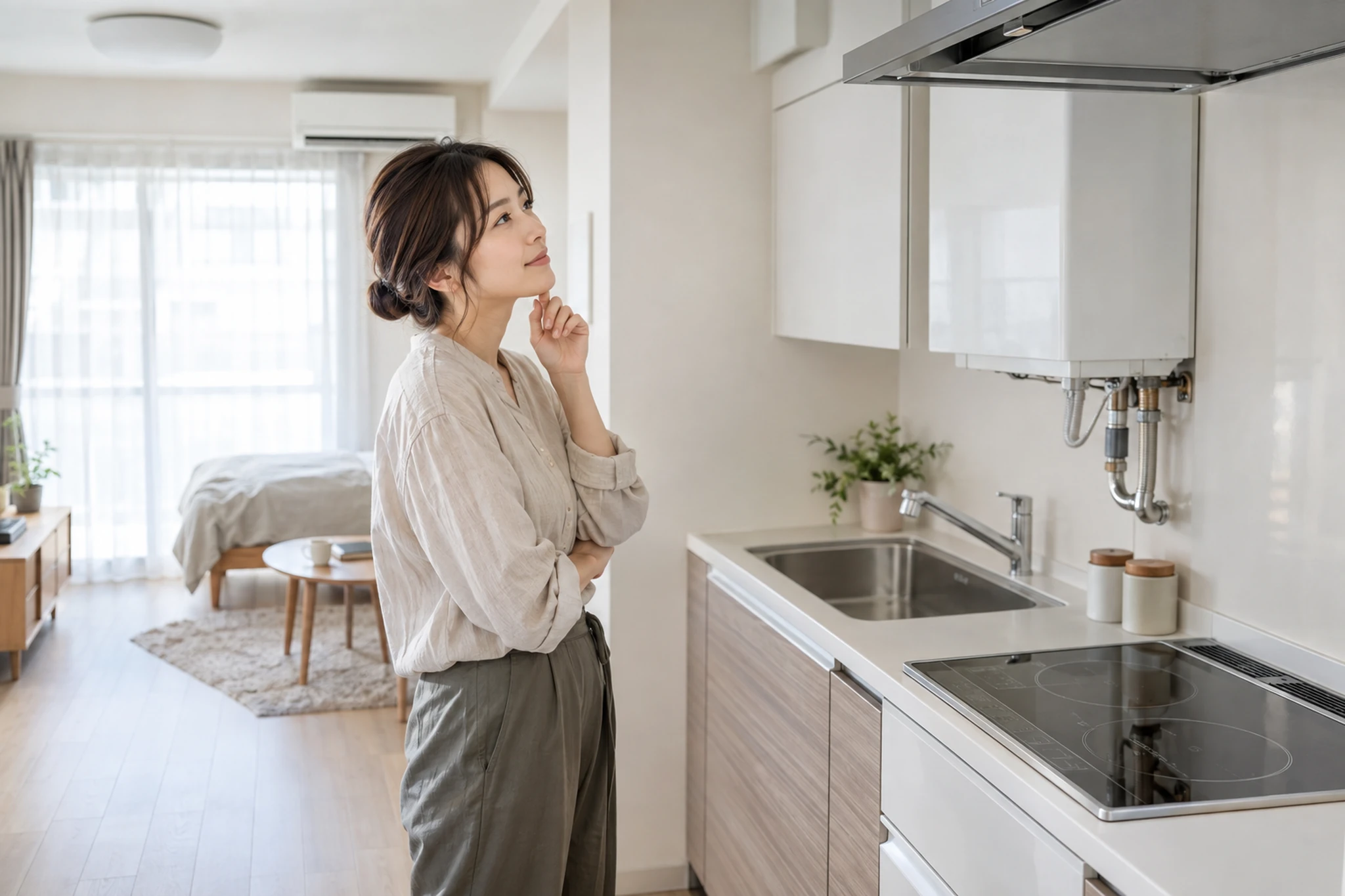オール電化の一人暮らしの部屋で給湯と調理を考える女性