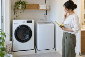 ドラム式と縦型の洗濯機を比較する女性